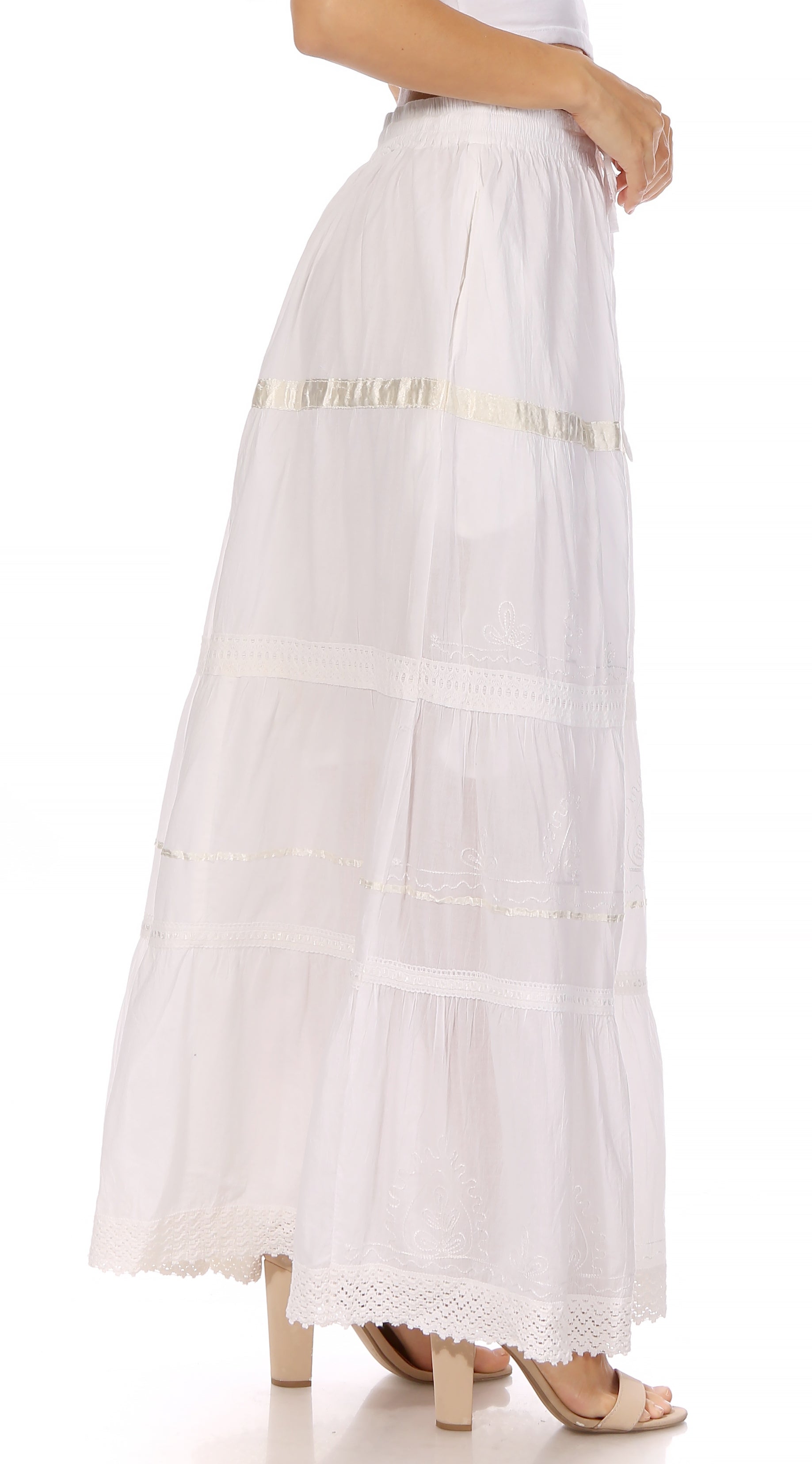 Sakkas Solid Embroidered Gypsy / Bohemian Full / Maxi / Long Cotton Skirt - Concordia Style Boutique