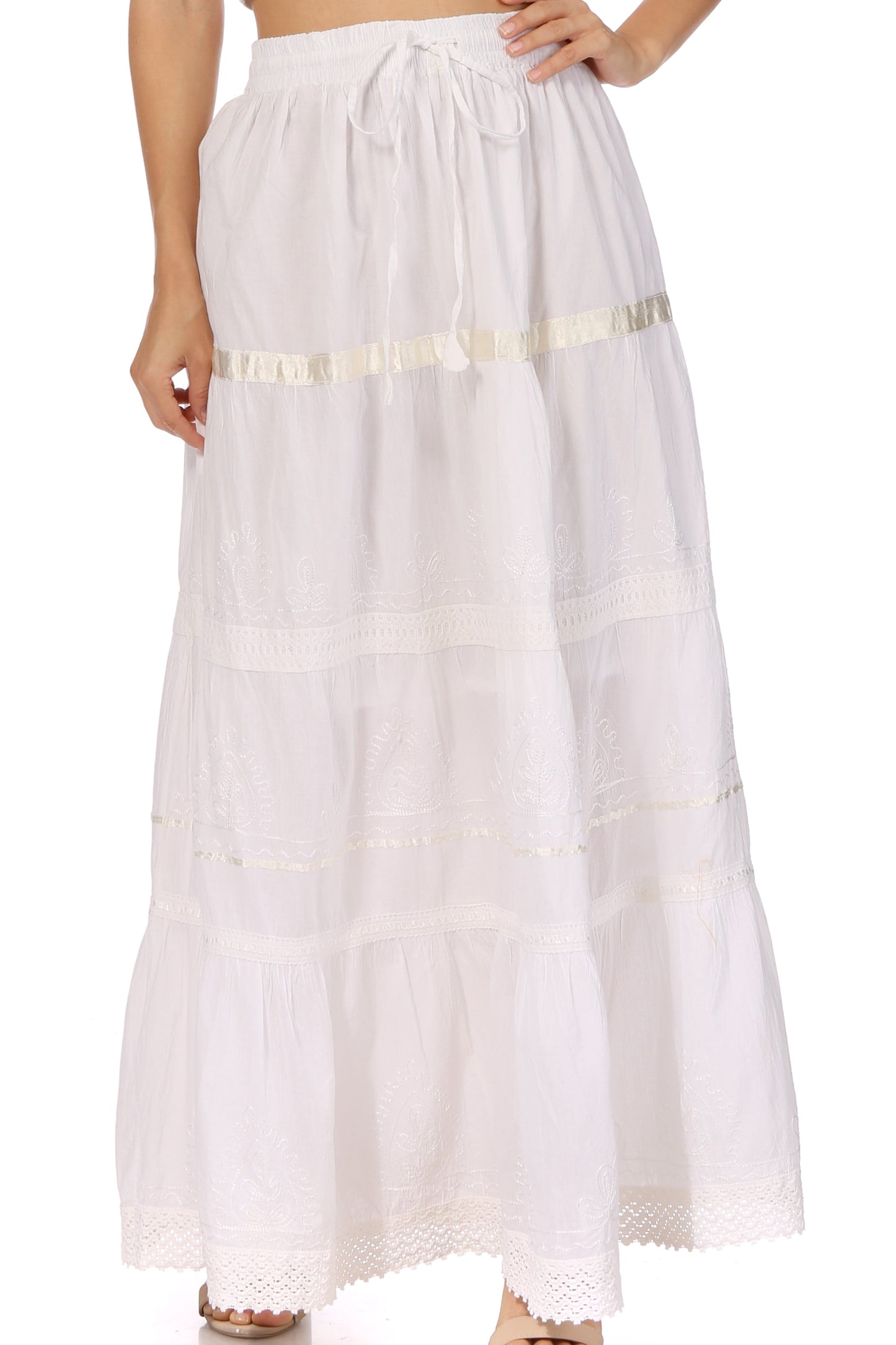 Sakkas Solid Embroidered Gypsy / Bohemian Full / Maxi / Long Cotton Skirt - Concordia Style Boutique