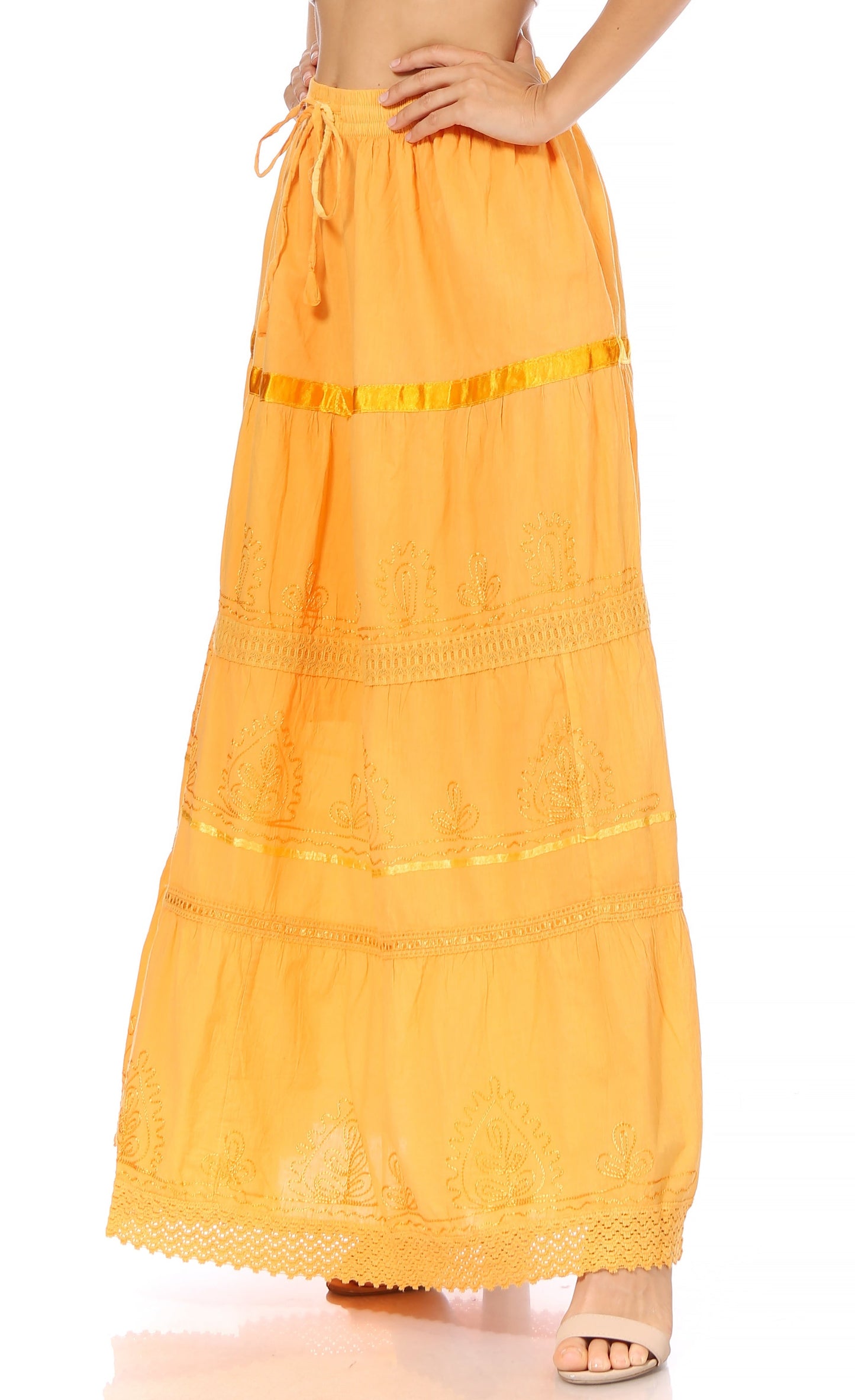 Sakkas Solid Embroidered Gypsy / Bohemian Full / Maxi / Long Cotton Skirt - Concordia Style Boutique
