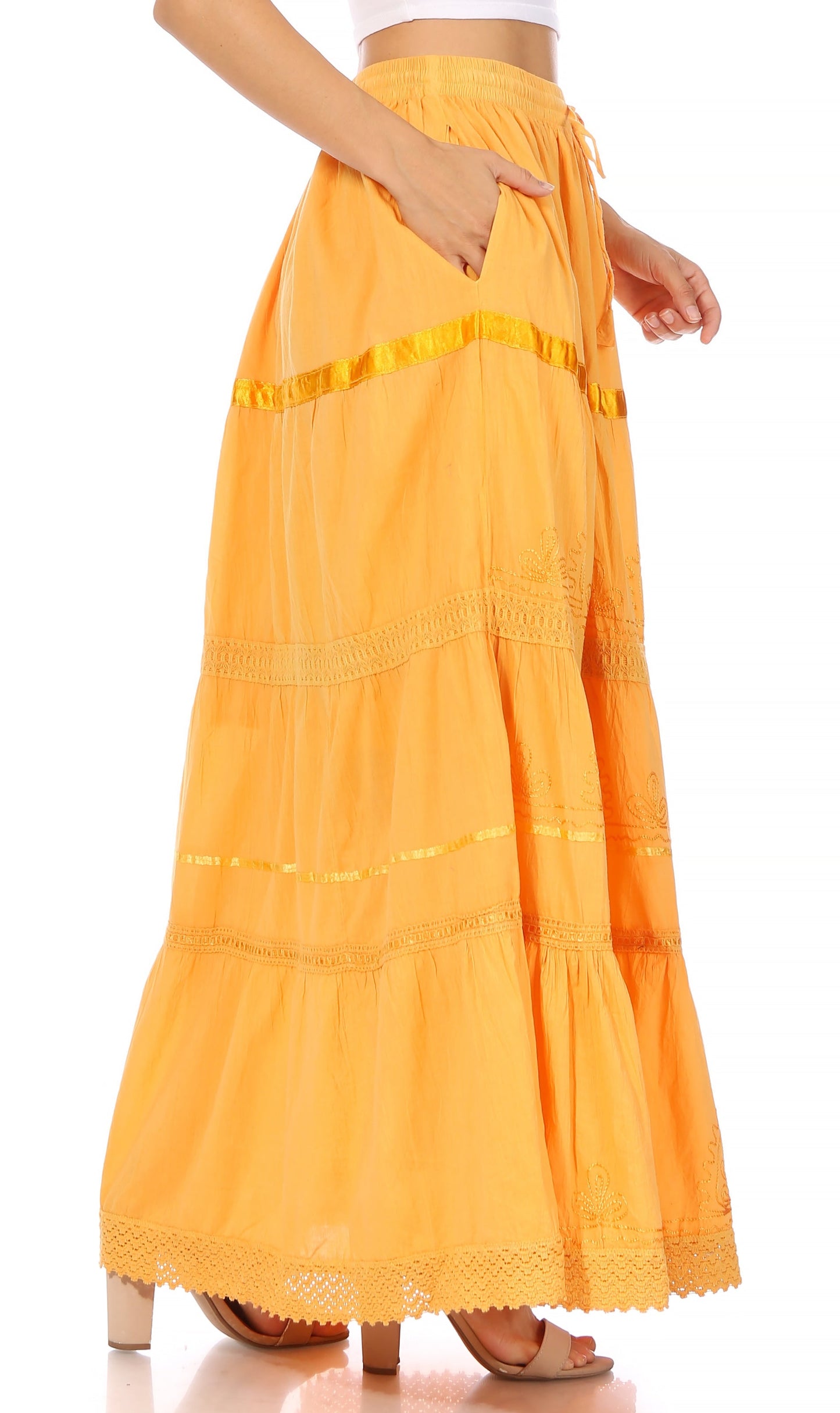Sakkas Solid Embroidered Gypsy / Bohemian Full / Maxi / Long Cotton Skirt - Concordia Style Boutique