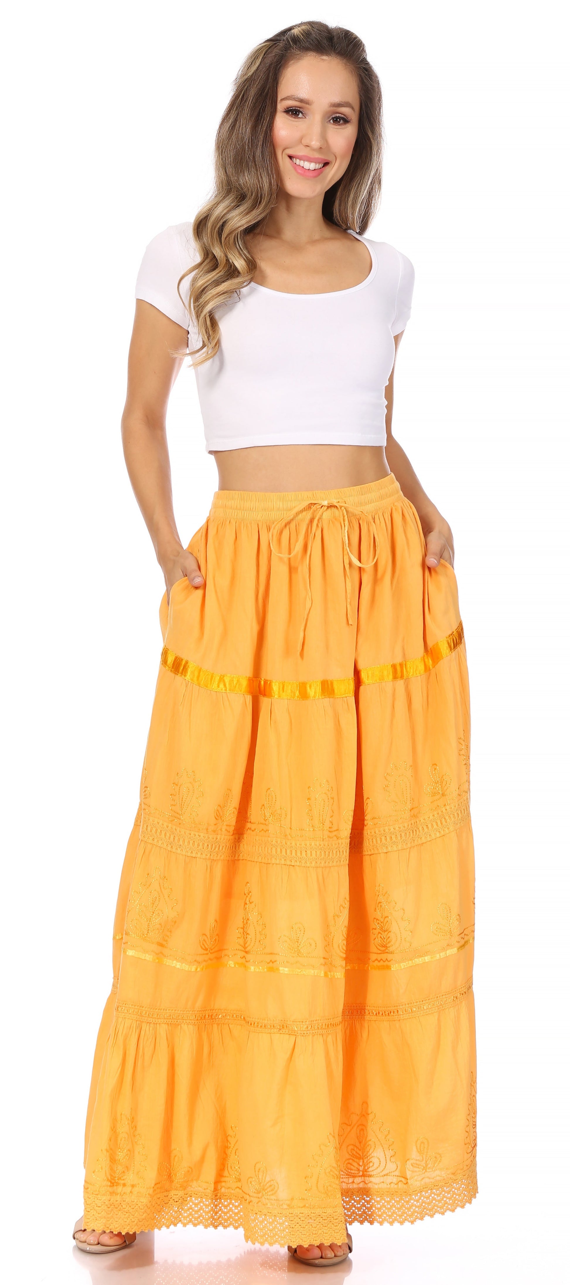 Sakkas Solid Embroidered Gypsy / Bohemian Full / Maxi / Long Cotton Skirt - Concordia Style Boutique