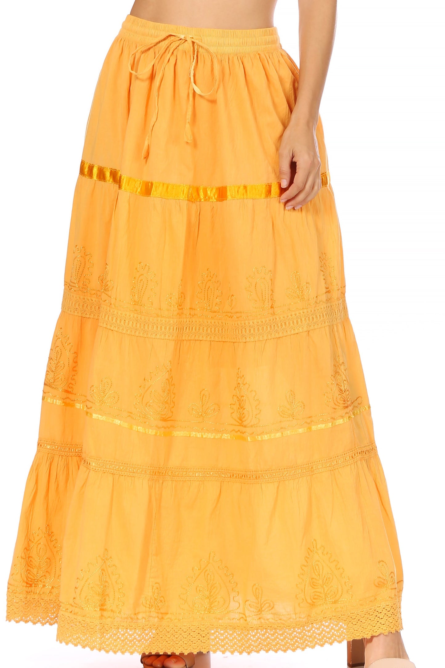Sakkas Solid Embroidered Gypsy / Bohemian Full / Maxi / Long Cotton Skirt - Concordia Style Boutique