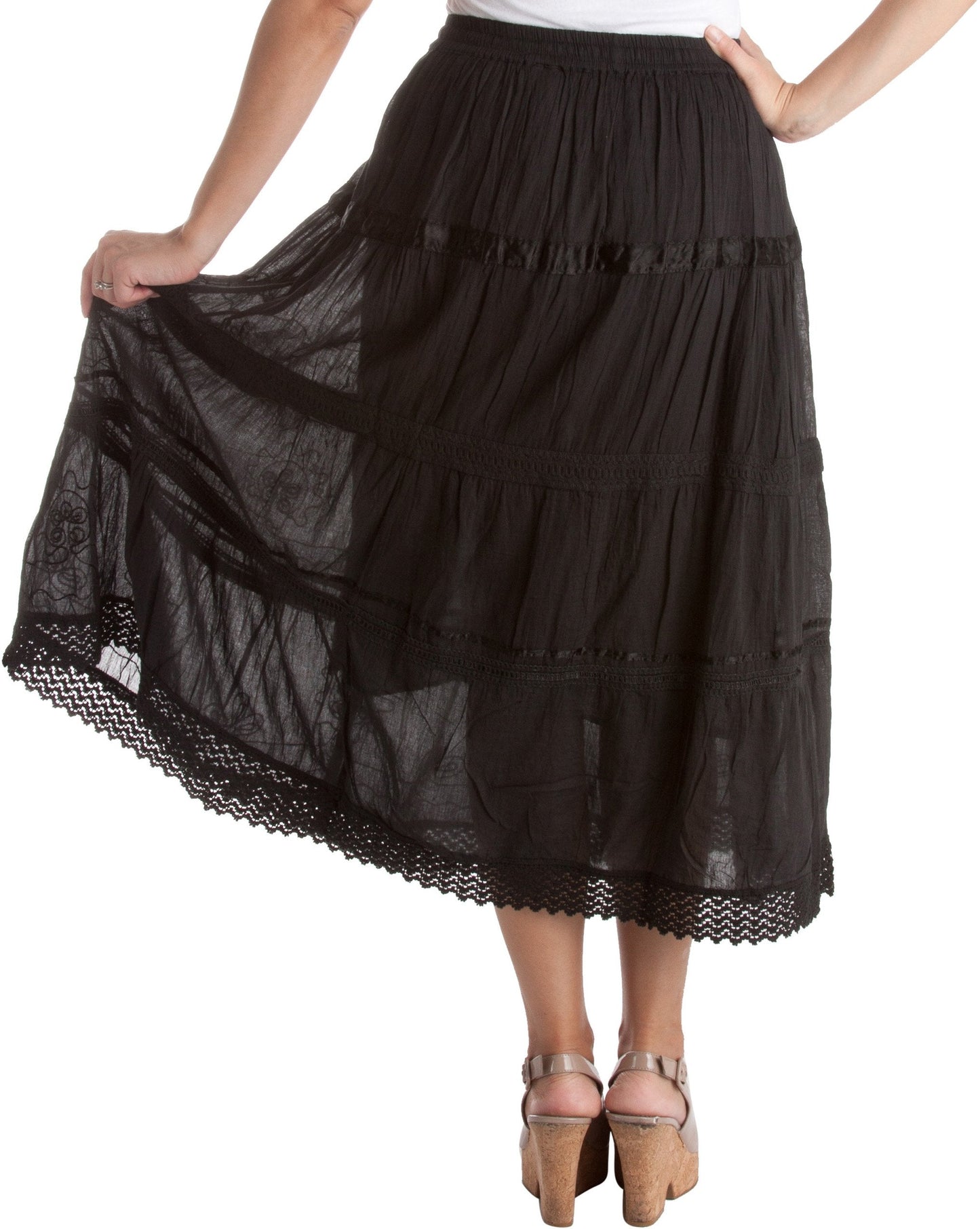 Sakkas Solid Embroidered Gypsy / Bohemian Mid Length Cotton Skirt - Concordia Style Boutique