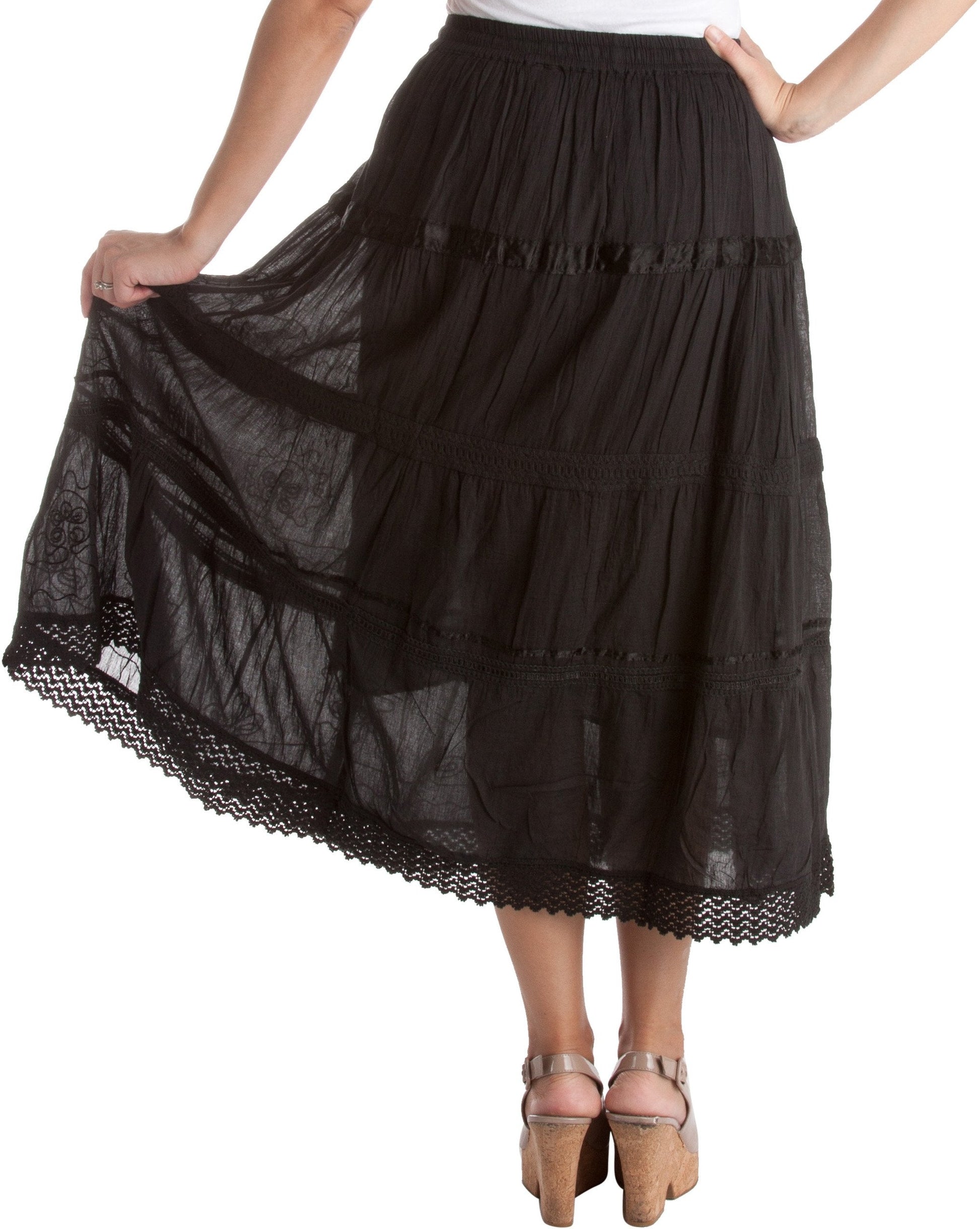 Sakkas Solid Embroidered Gypsy / Bohemian Mid Length Cotton Skirt - Concordia Style Boutique