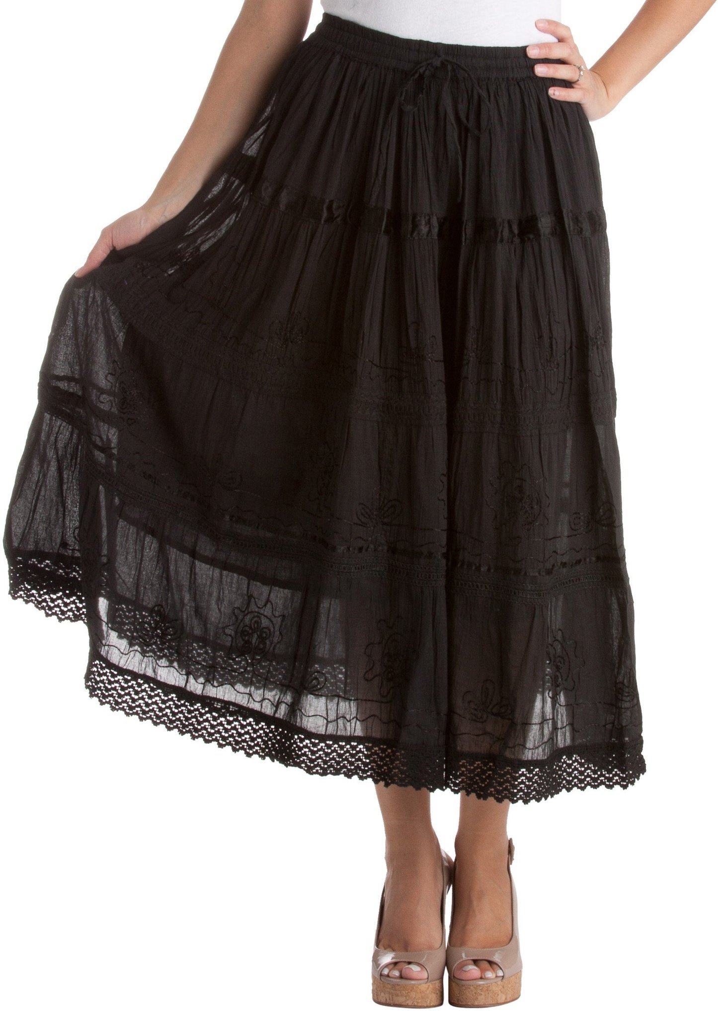 Sakkas Solid Embroidered Gypsy / Bohemian Mid Length Cotton Skirt - Concordia Style Boutique