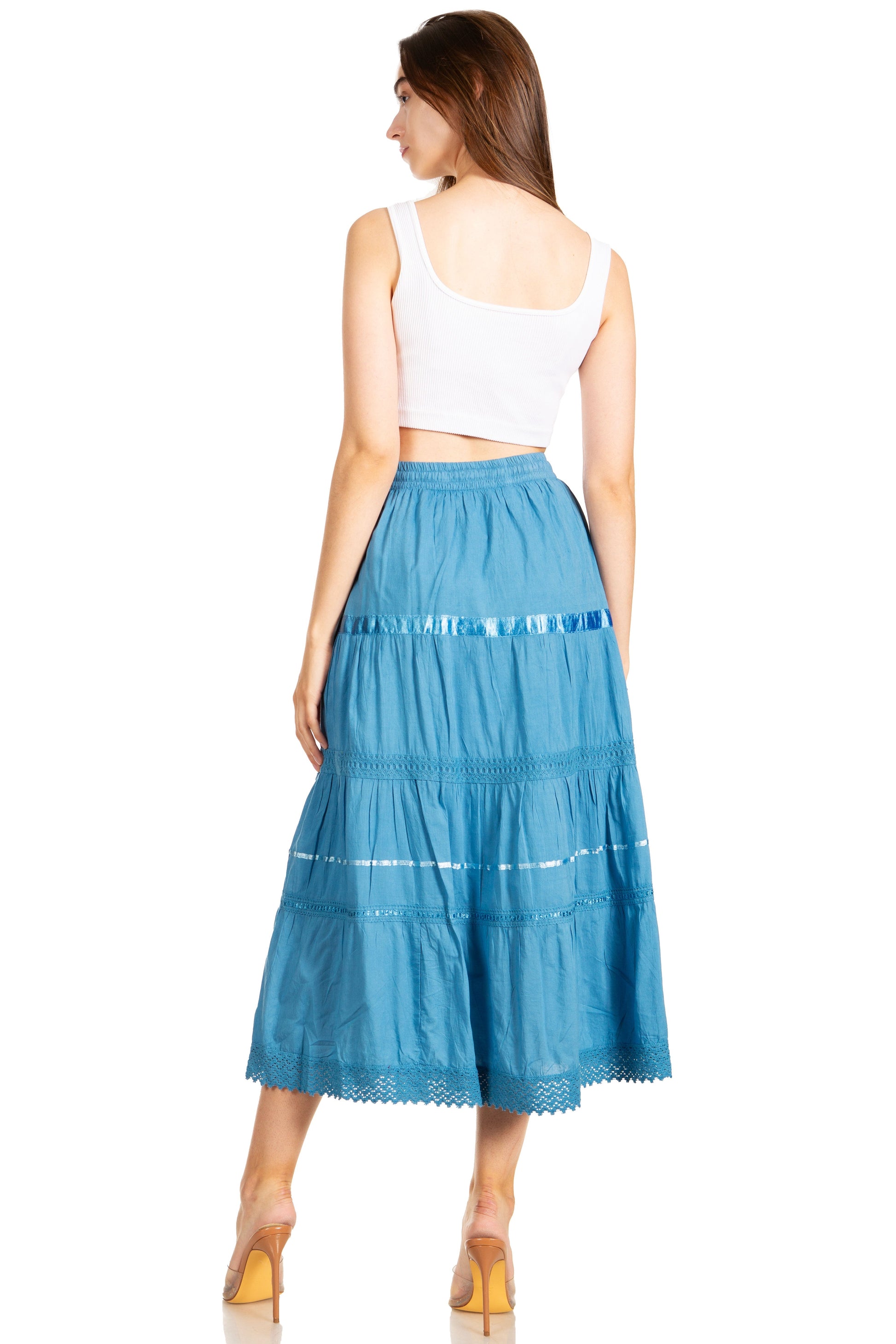 Sakkas Solid Embroidered Gypsy / Bohemian Mid Length Cotton Skirt - Concordia Style Boutique