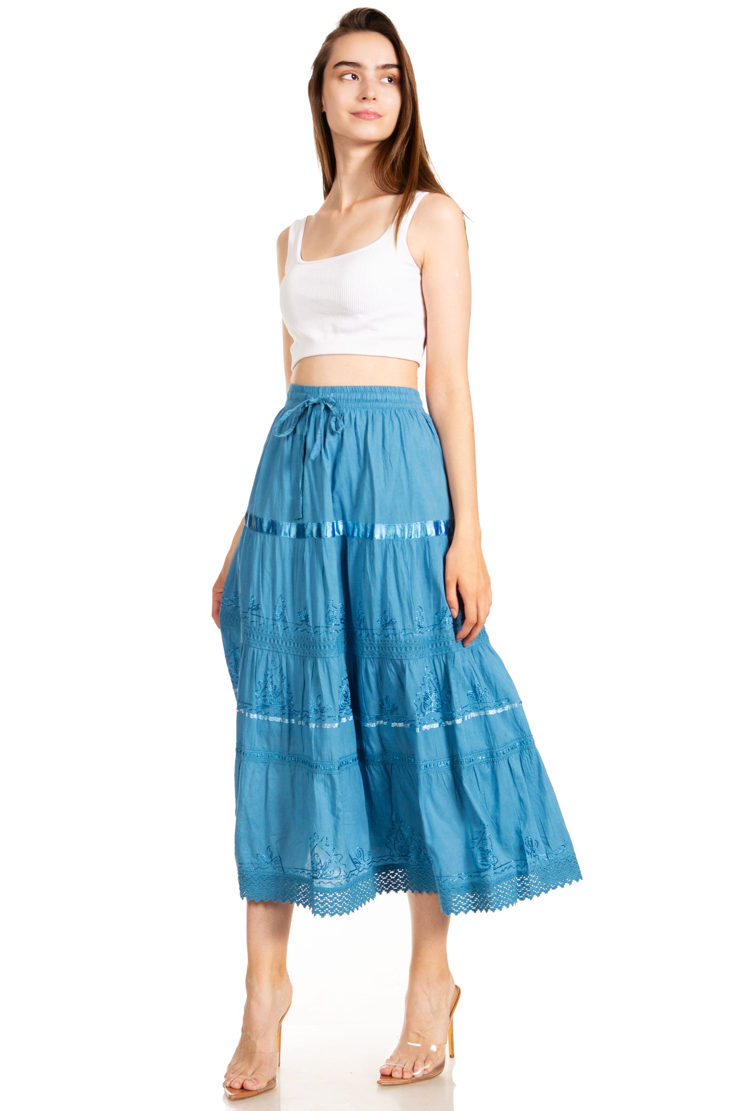 Sakkas Solid Embroidered Gypsy / Bohemian Mid Length Cotton Skirt - Concordia Style Boutique