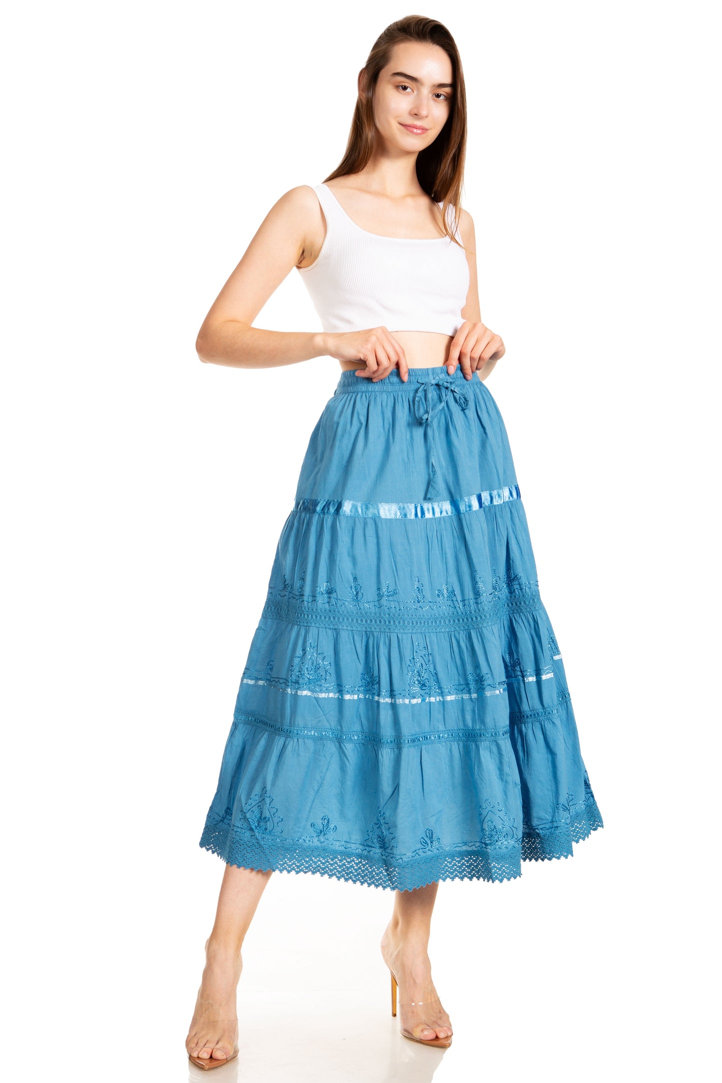 Sakkas Solid Embroidered Gypsy / Bohemian Mid Length Cotton Skirt - Concordia Style Boutique