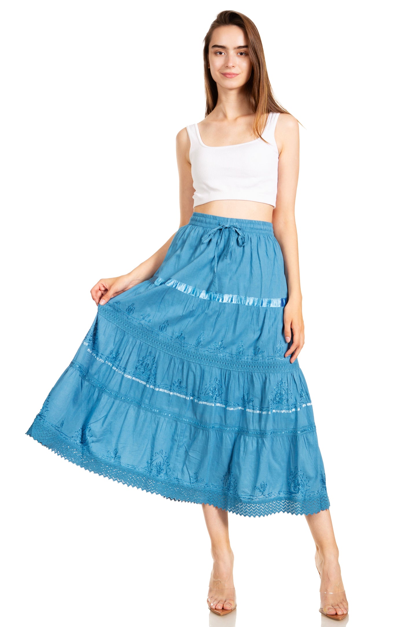 Sakkas Solid Embroidered Gypsy / Bohemian Mid Length Cotton Skirt - Concordia Style Boutique