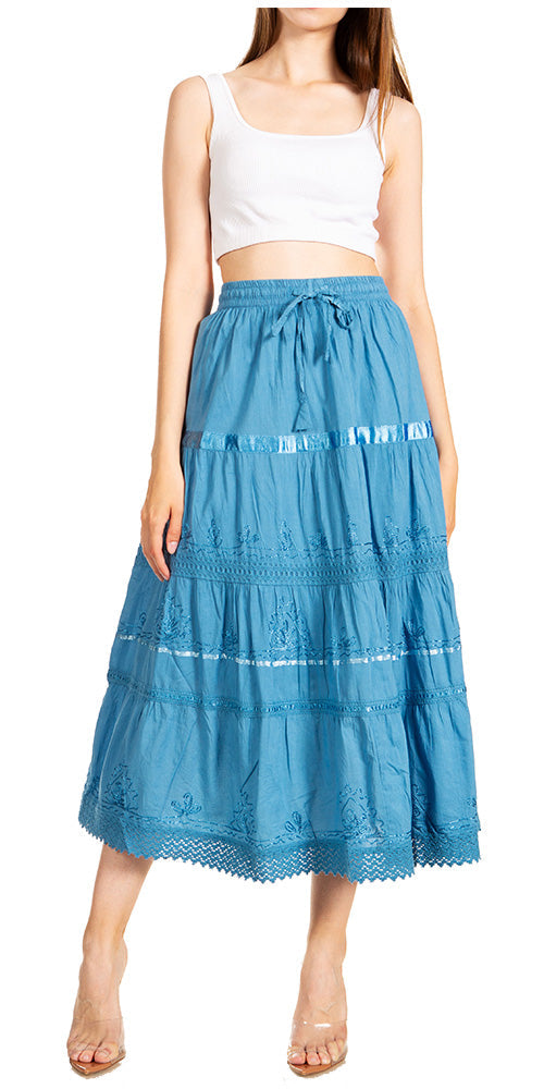 Sakkas Solid Embroidered Gypsy / Bohemian Mid Length Cotton Skirt - Concordia Style Boutique