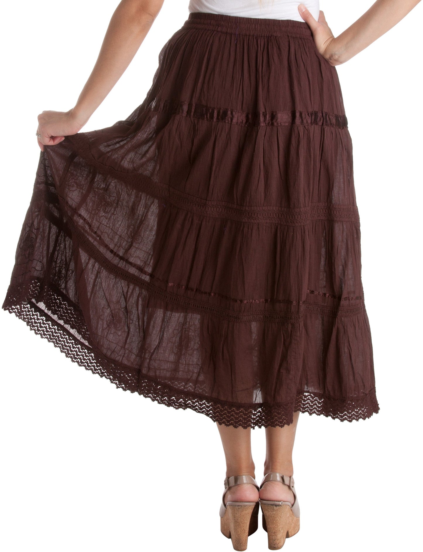 Sakkas Solid Embroidered Gypsy / Bohemian Mid Length Cotton Skirt - Concordia Style Boutique