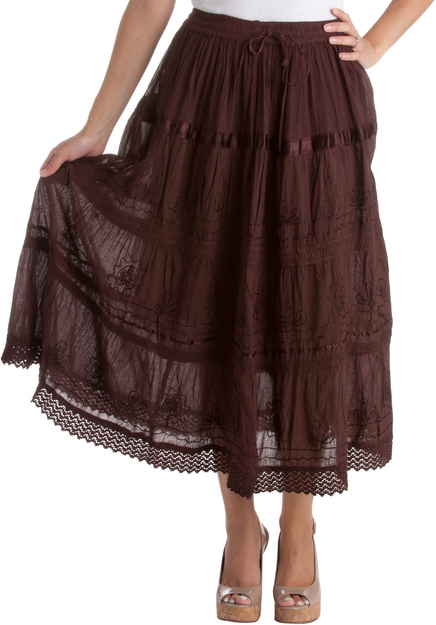 Sakkas Solid Embroidered Gypsy / Bohemian Mid Length Cotton Skirt - Concordia Style Boutique