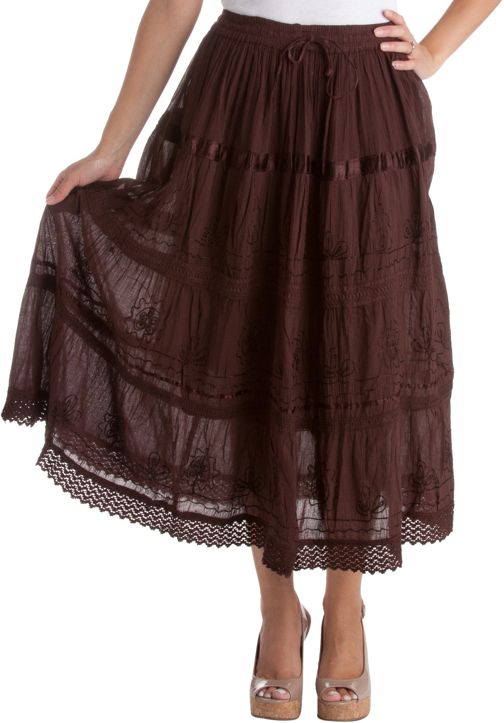 Sakkas Solid Embroidered Gypsy / Bohemian Mid Length Cotton Skirt - Concordia Style Boutique