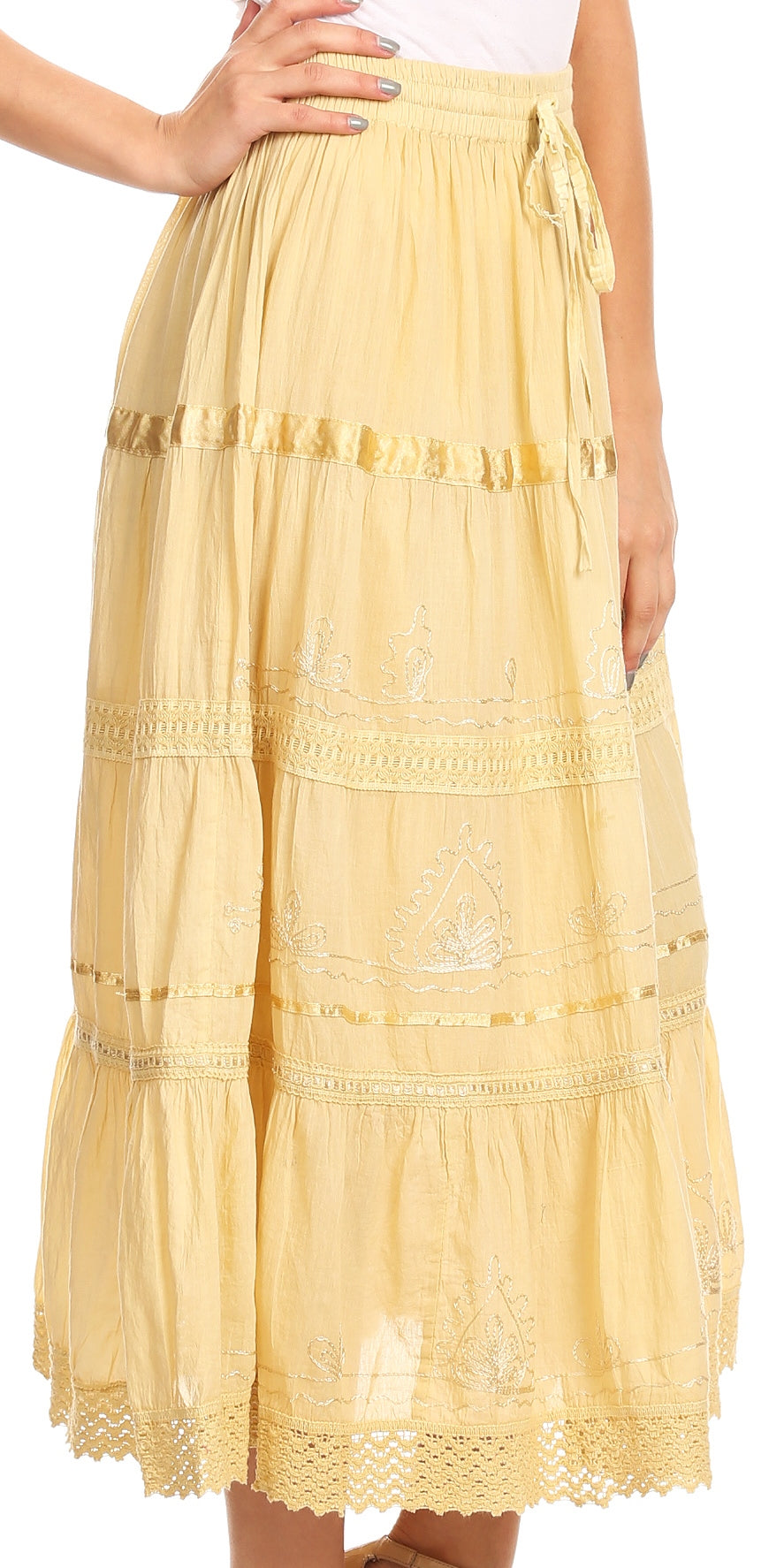 Sakkas Solid Embroidered Gypsy / Bohemian Mid Length Cotton Skirt - Concordia Style Boutique