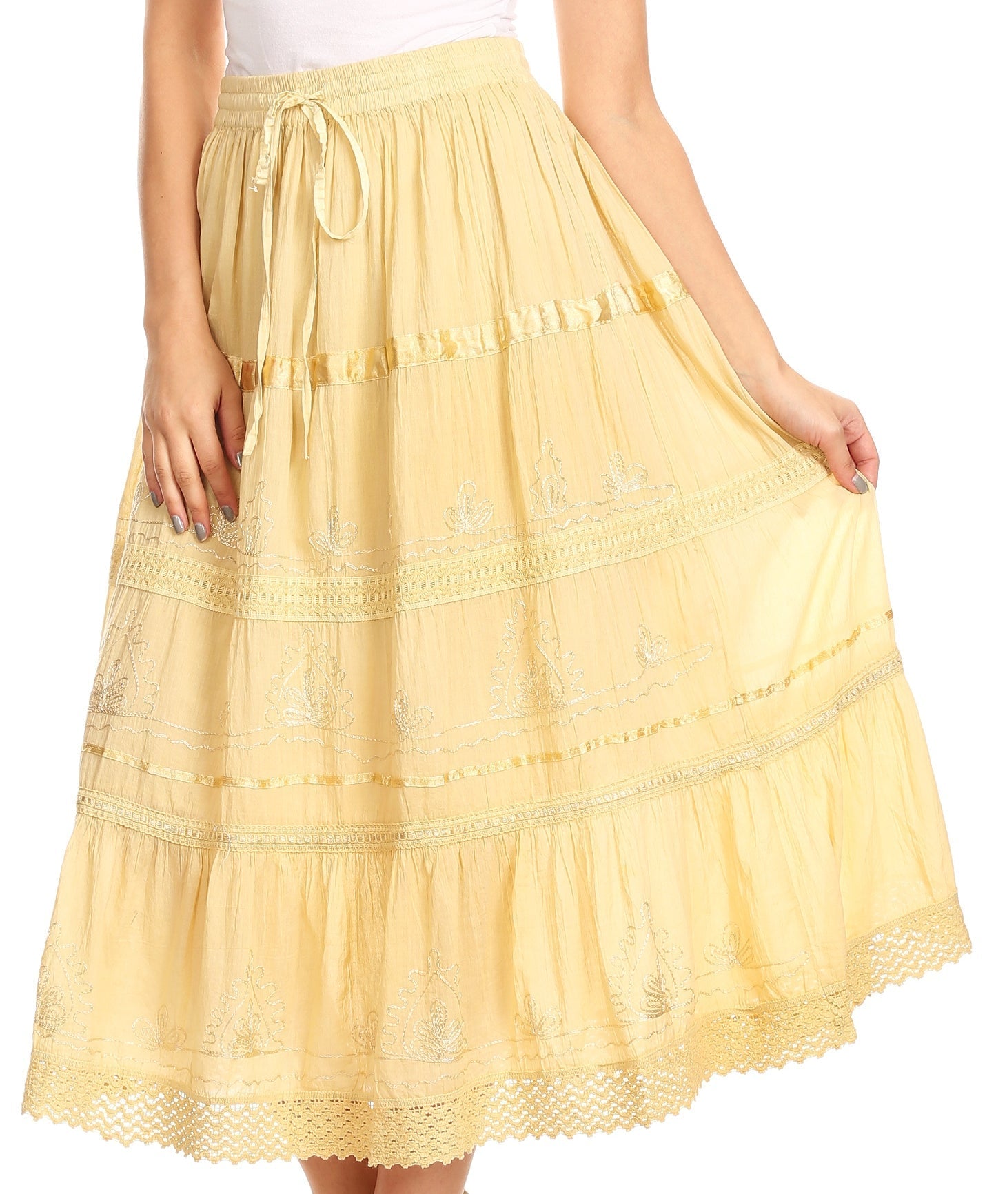 Sakkas Solid Embroidered Gypsy / Bohemian Mid Length Cotton Skirt - Concordia Style Boutique