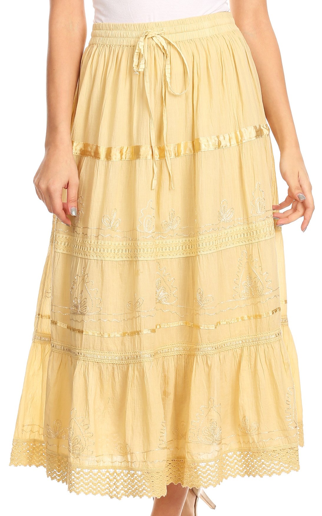 Sakkas Solid Embroidered Gypsy / Bohemian Mid Length Cotton Skirt - Concordia Style Boutique