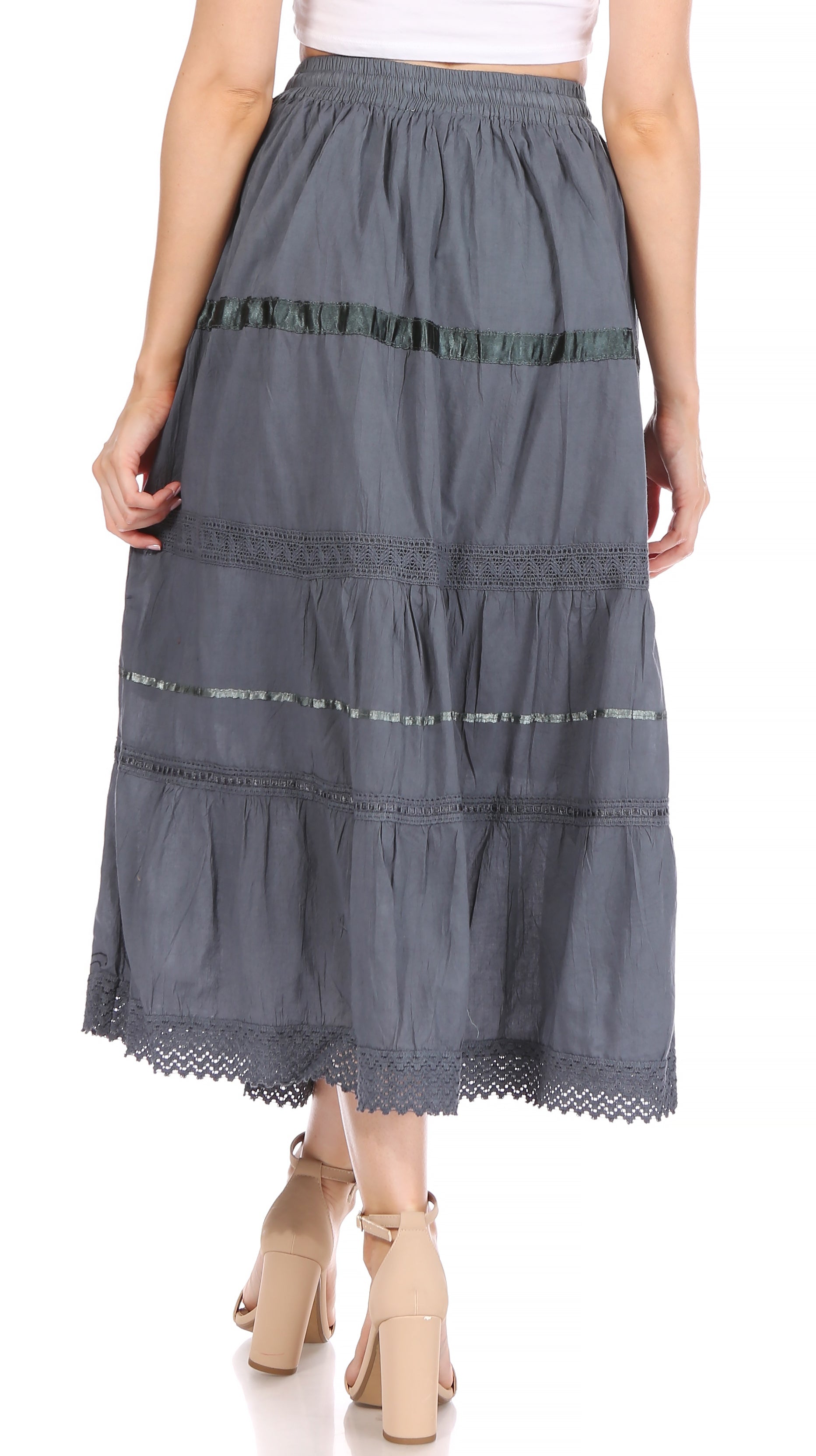 Sakkas Solid Embroidered Gypsy / Bohemian Mid Length Cotton Skirt - Concordia Style Boutique