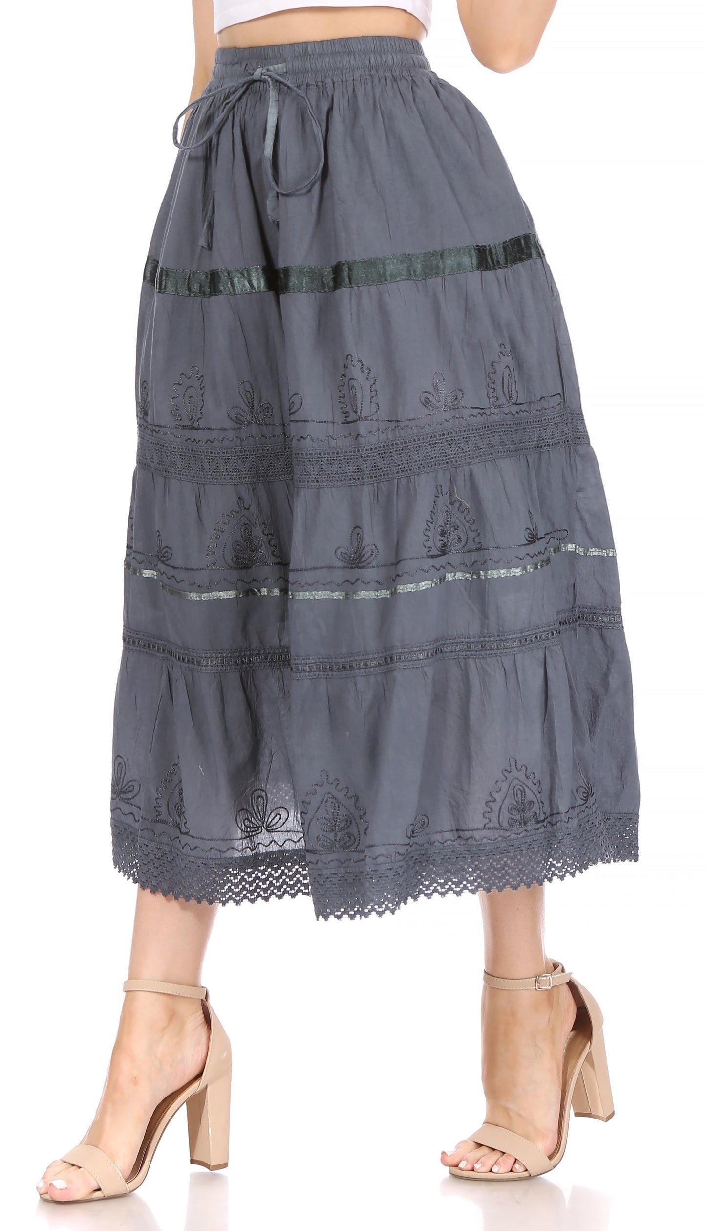 Sakkas Solid Embroidered Gypsy / Bohemian Mid Length Cotton Skirt - Concordia Style Boutique