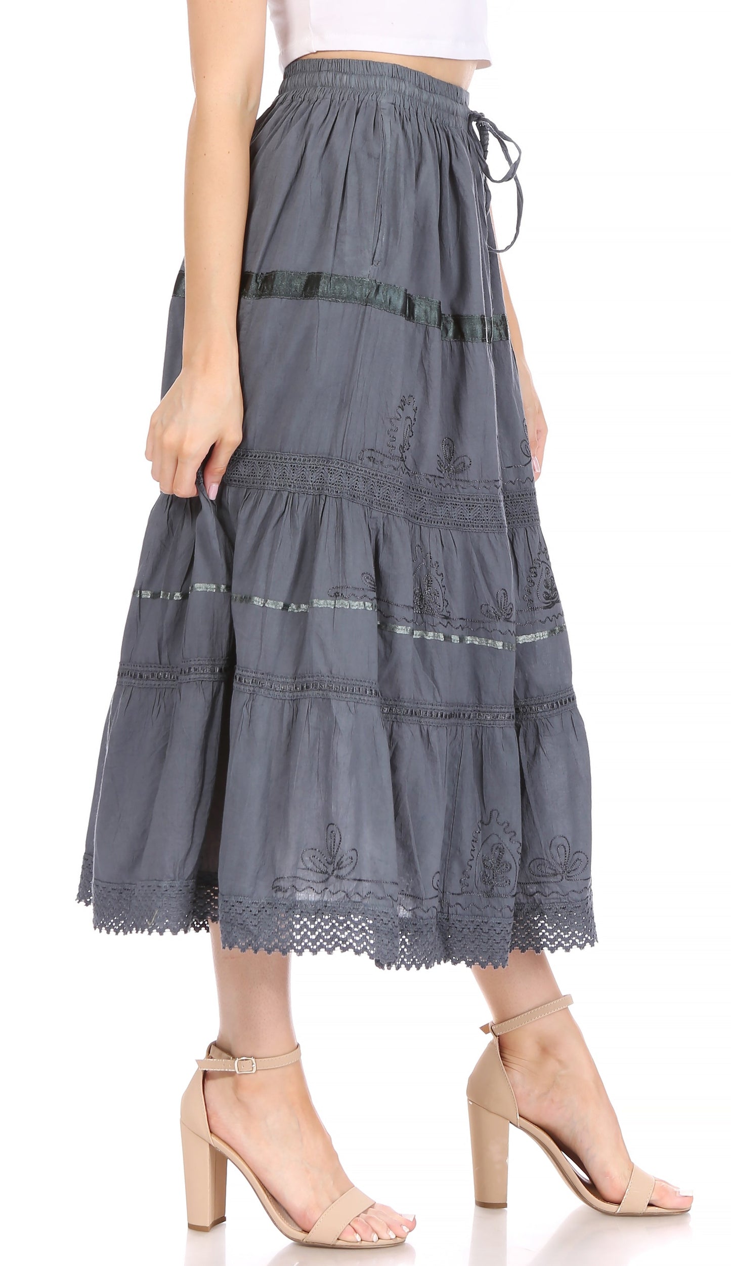 Sakkas Solid Embroidered Gypsy / Bohemian Mid Length Cotton Skirt - Concordia Style Boutique