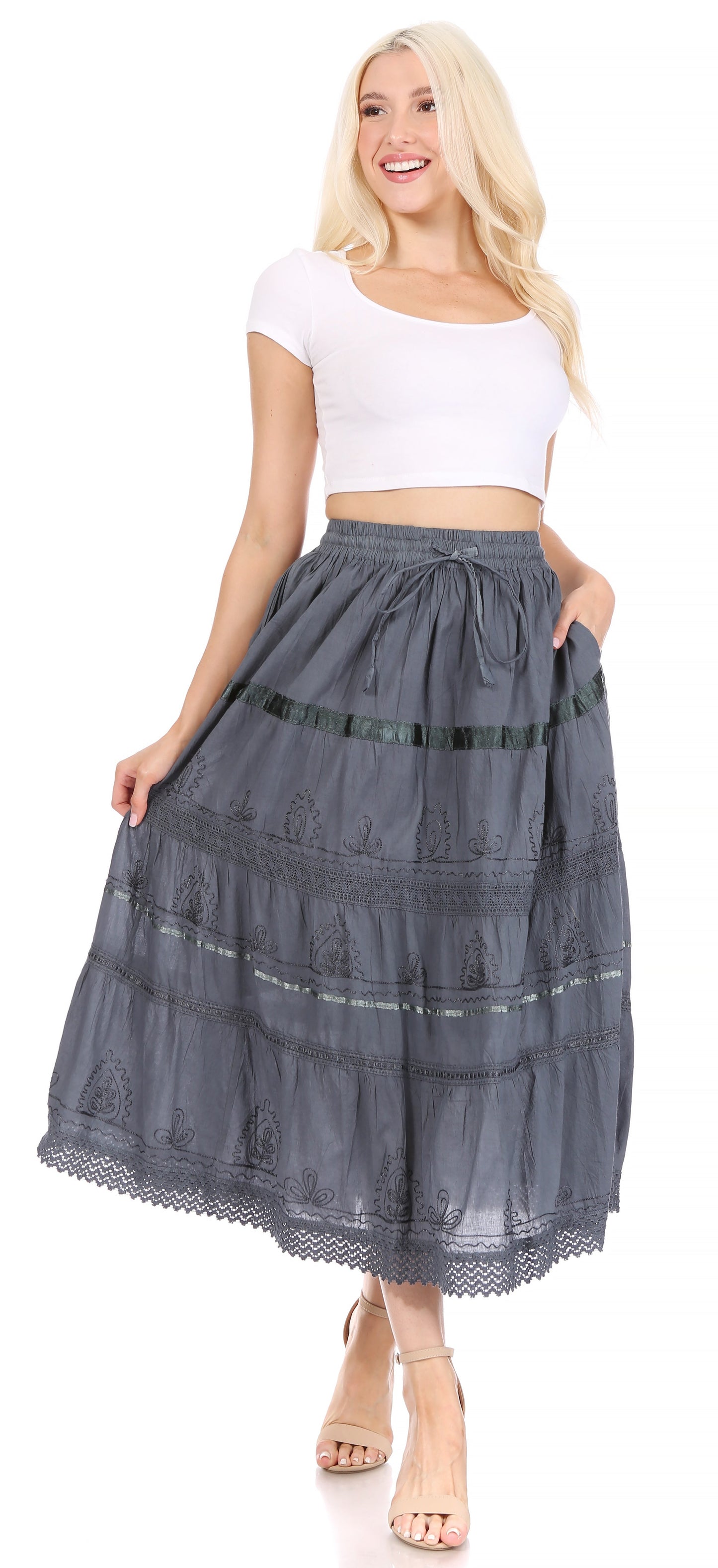 Sakkas Solid Embroidered Gypsy / Bohemian Mid Length Cotton Skirt - Concordia Style Boutique