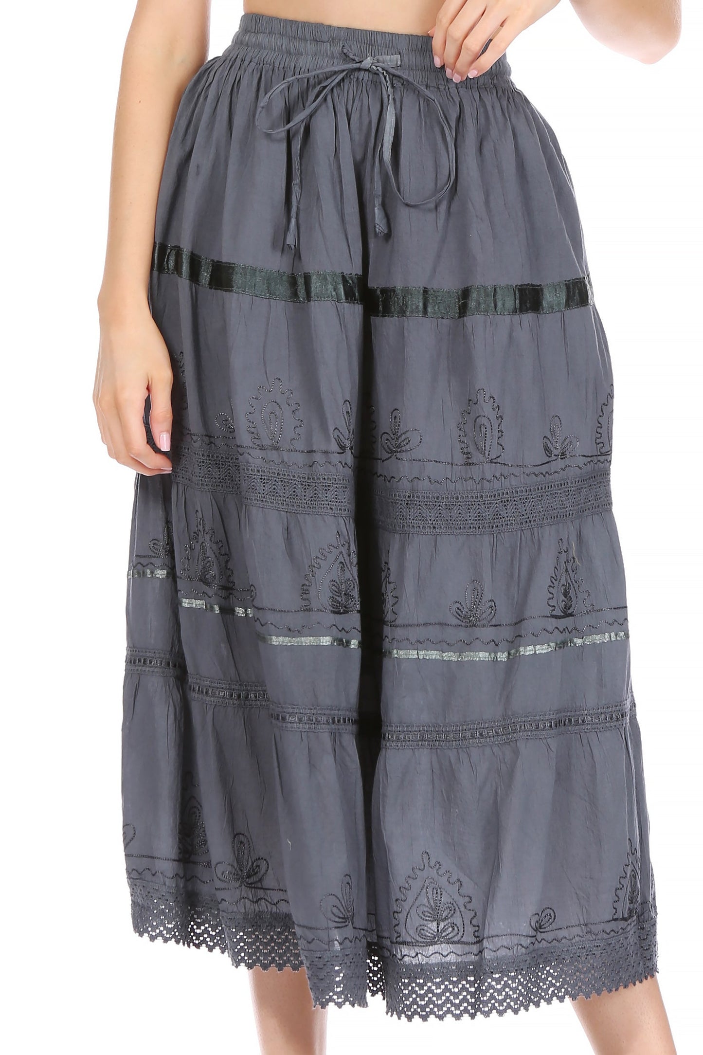 Sakkas Solid Embroidered Gypsy / Bohemian Mid Length Cotton Skirt - Concordia Style Boutique