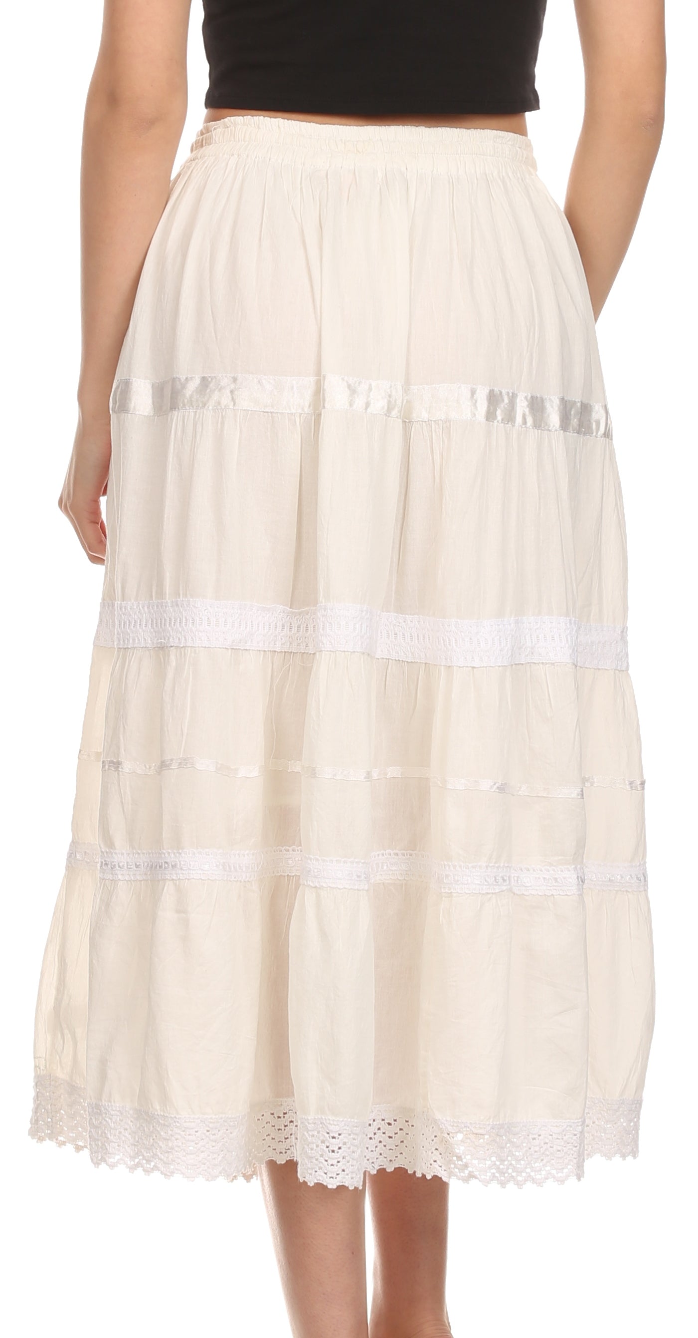 Sakkas Solid Embroidered Gypsy / Bohemian Mid Length Cotton Skirt - Concordia Style Boutique