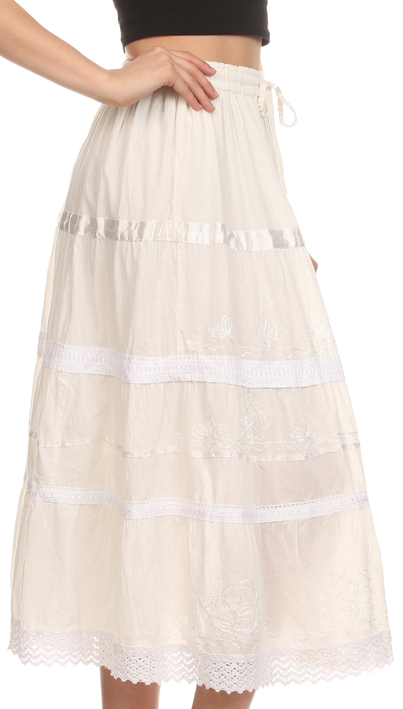 Sakkas Solid Embroidered Gypsy / Bohemian Mid Length Cotton Skirt - Concordia Style Boutique