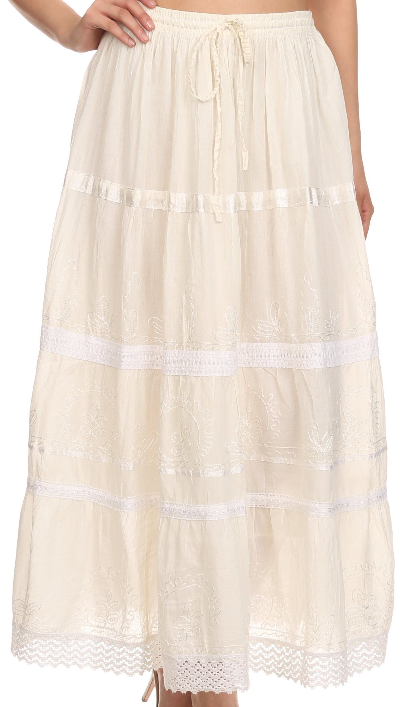 Sakkas Solid Embroidered Gypsy / Bohemian Mid Length Cotton Skirt - Concordia Style Boutique