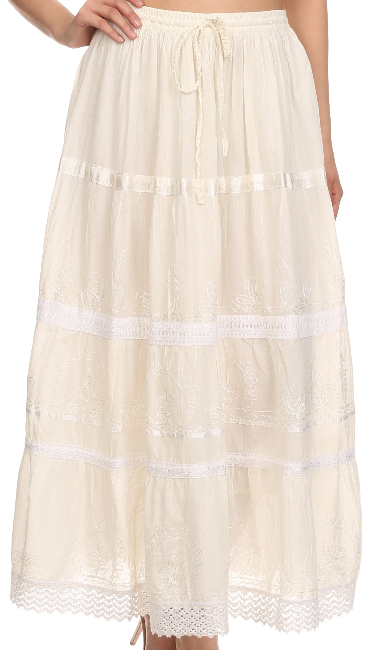 Sakkas Solid Embroidered Gypsy / Bohemian Mid Length Cotton Skirt - Concordia Style Boutique