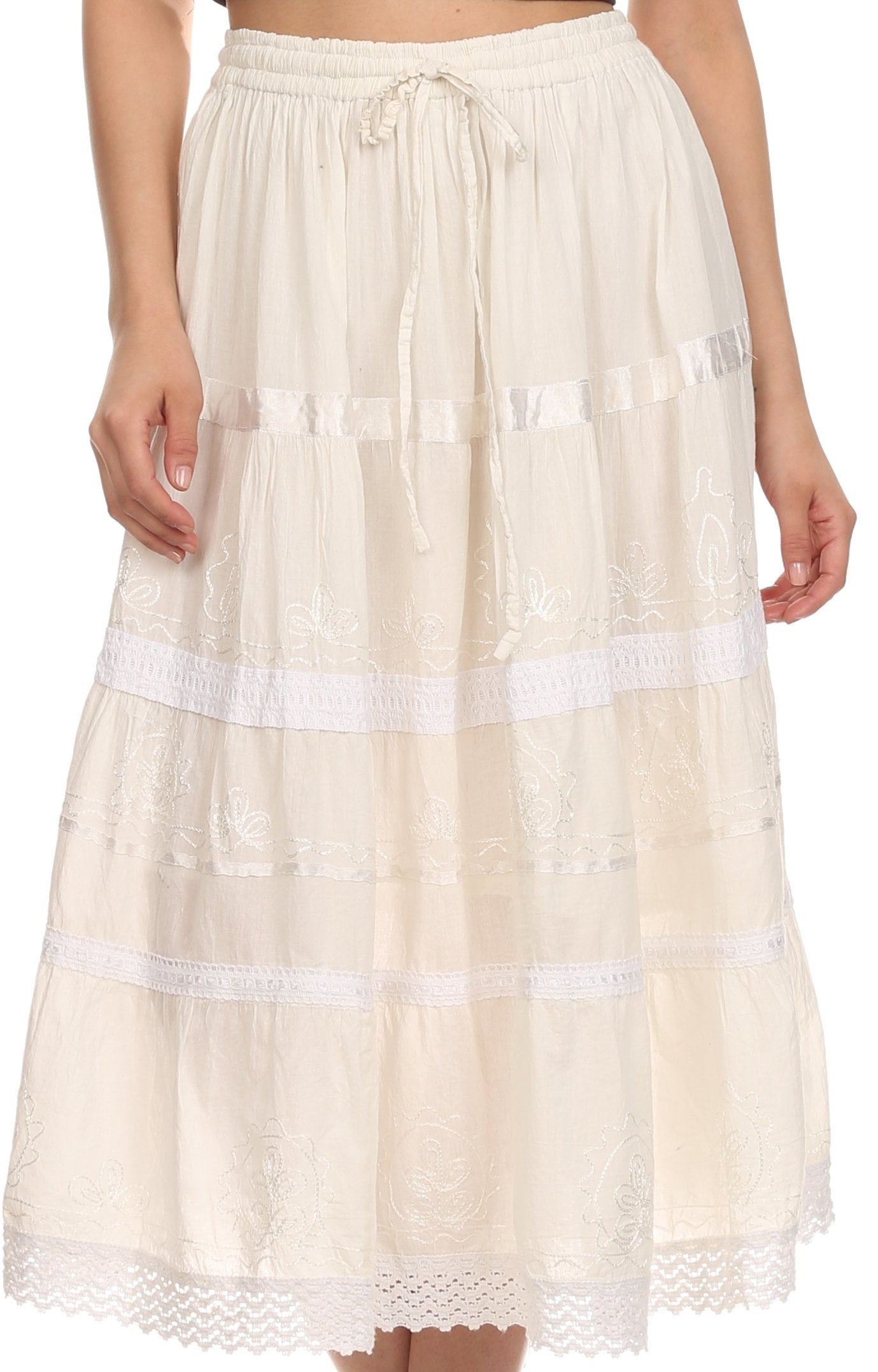 Sakkas Solid Embroidered Gypsy / Bohemian Mid Length Cotton Skirt - Concordia Style Boutique