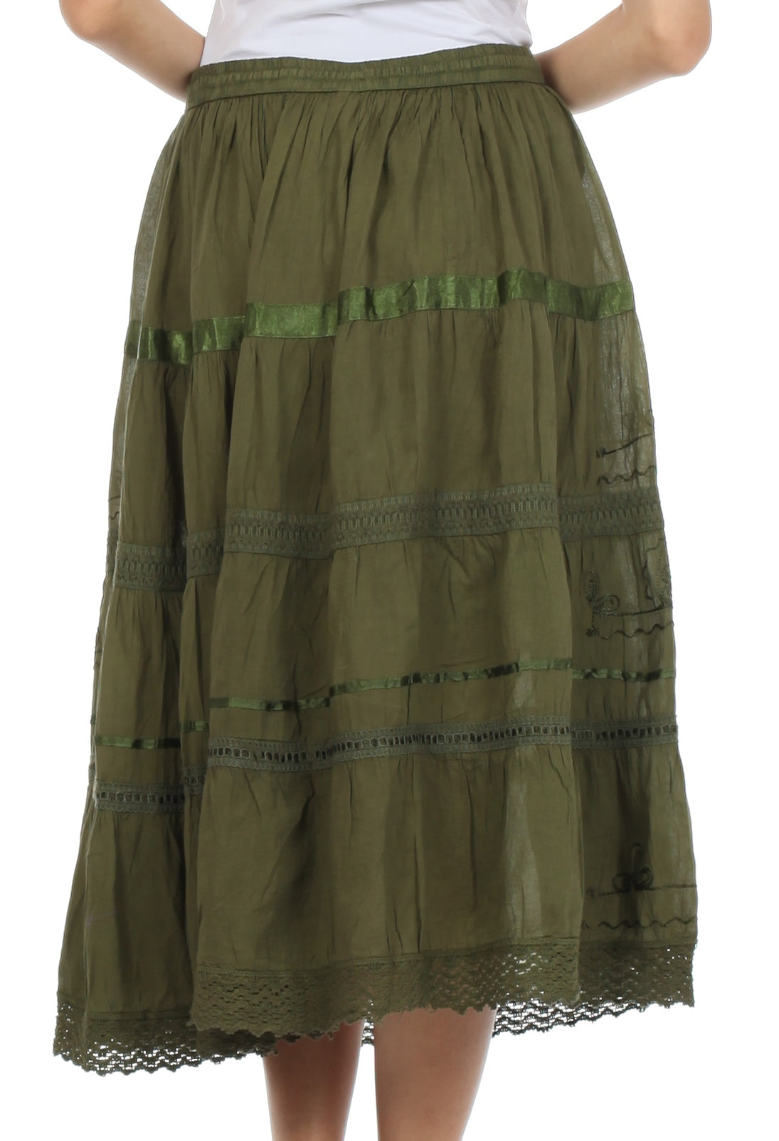 Sakkas Solid Embroidered Gypsy / Bohemian Mid Length Cotton Skirt - Concordia Style Boutique