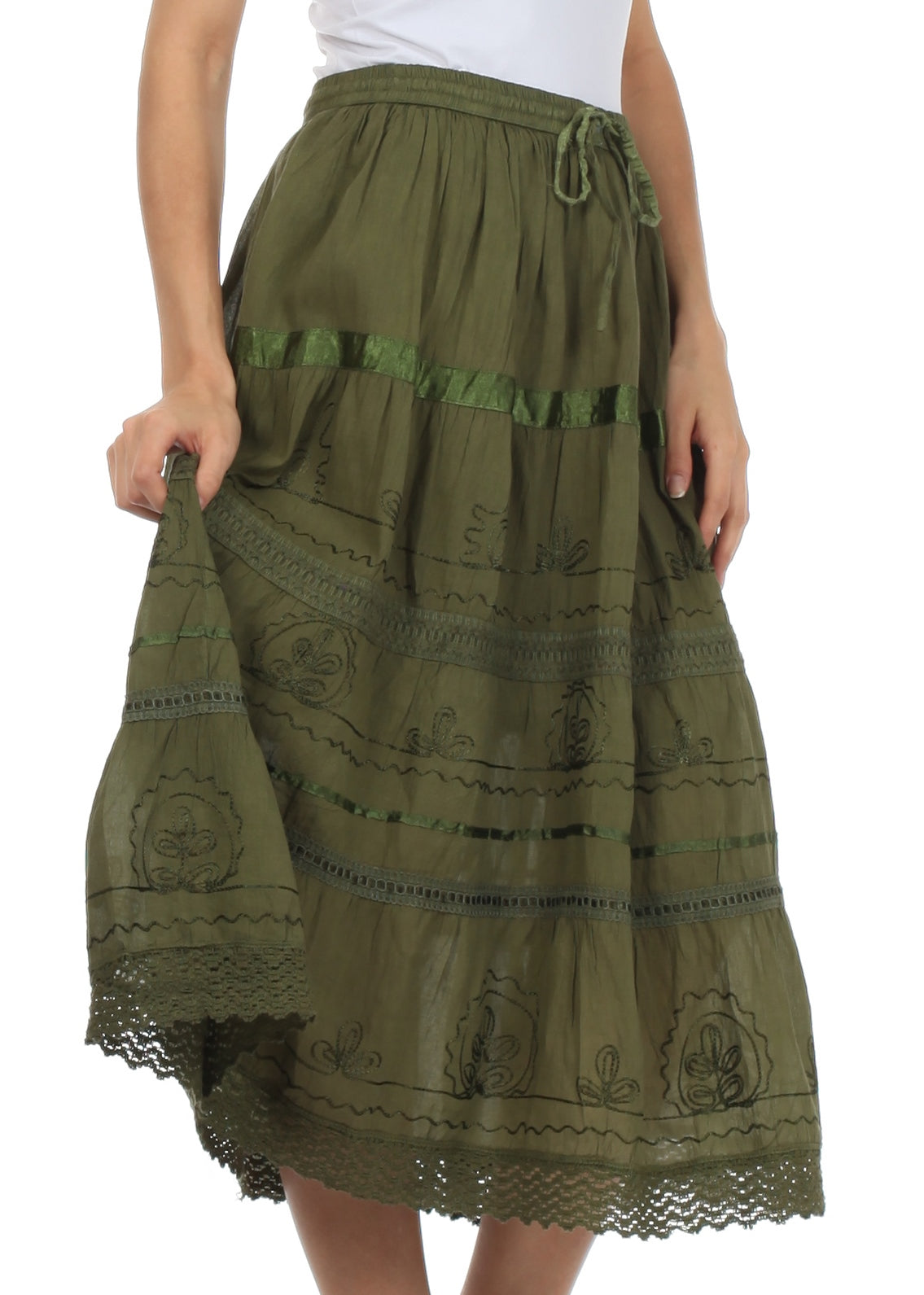 Sakkas Solid Embroidered Gypsy / Bohemian Mid Length Cotton Skirt - Concordia Style Boutique