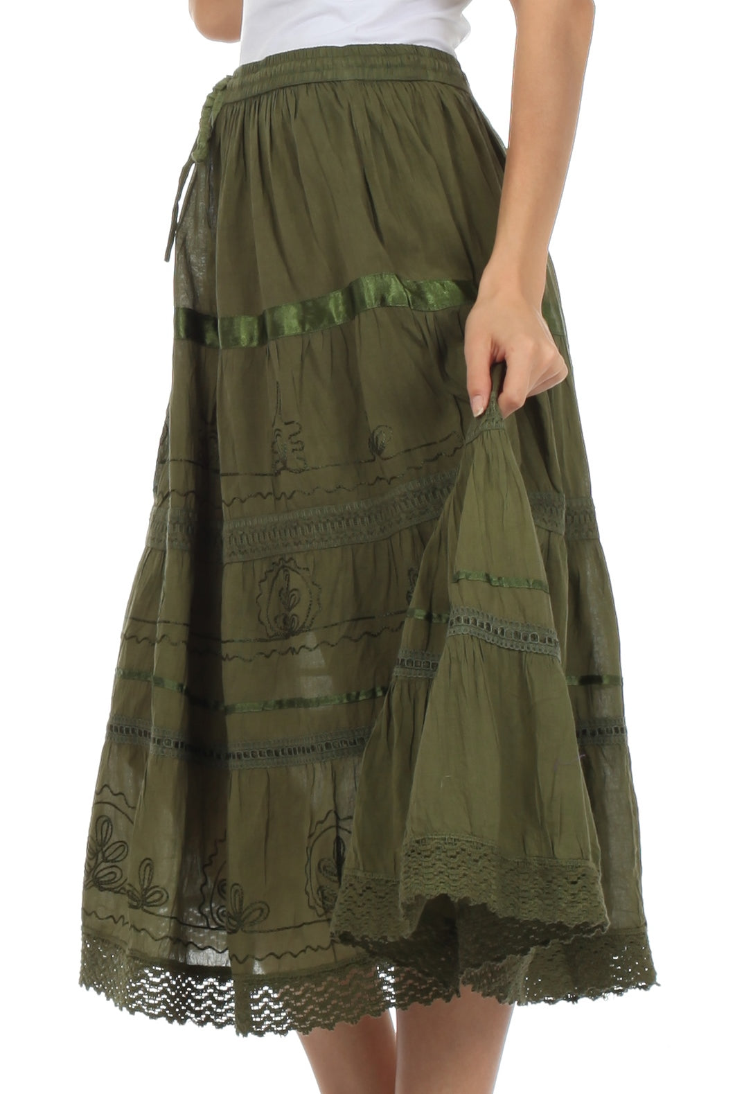 Sakkas Solid Embroidered Gypsy / Bohemian Mid Length Cotton Skirt - Concordia Style Boutique
