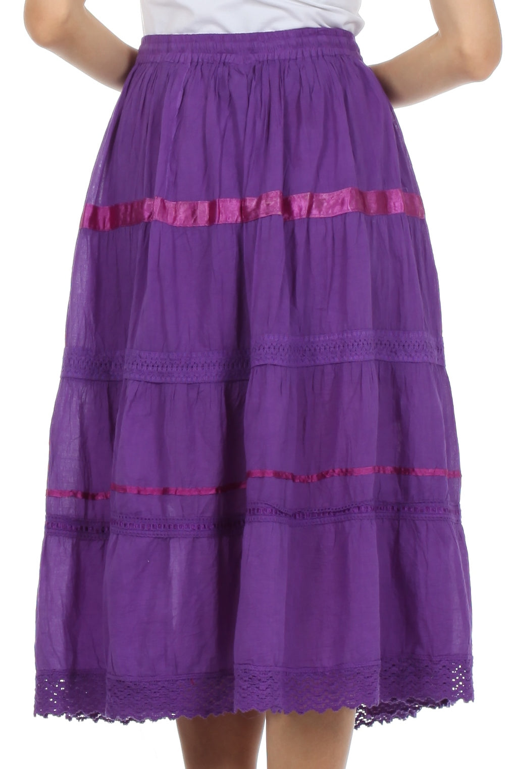 Sakkas Solid Embroidered Gypsy / Bohemian Mid Length Cotton Skirt - Concordia Style Boutique