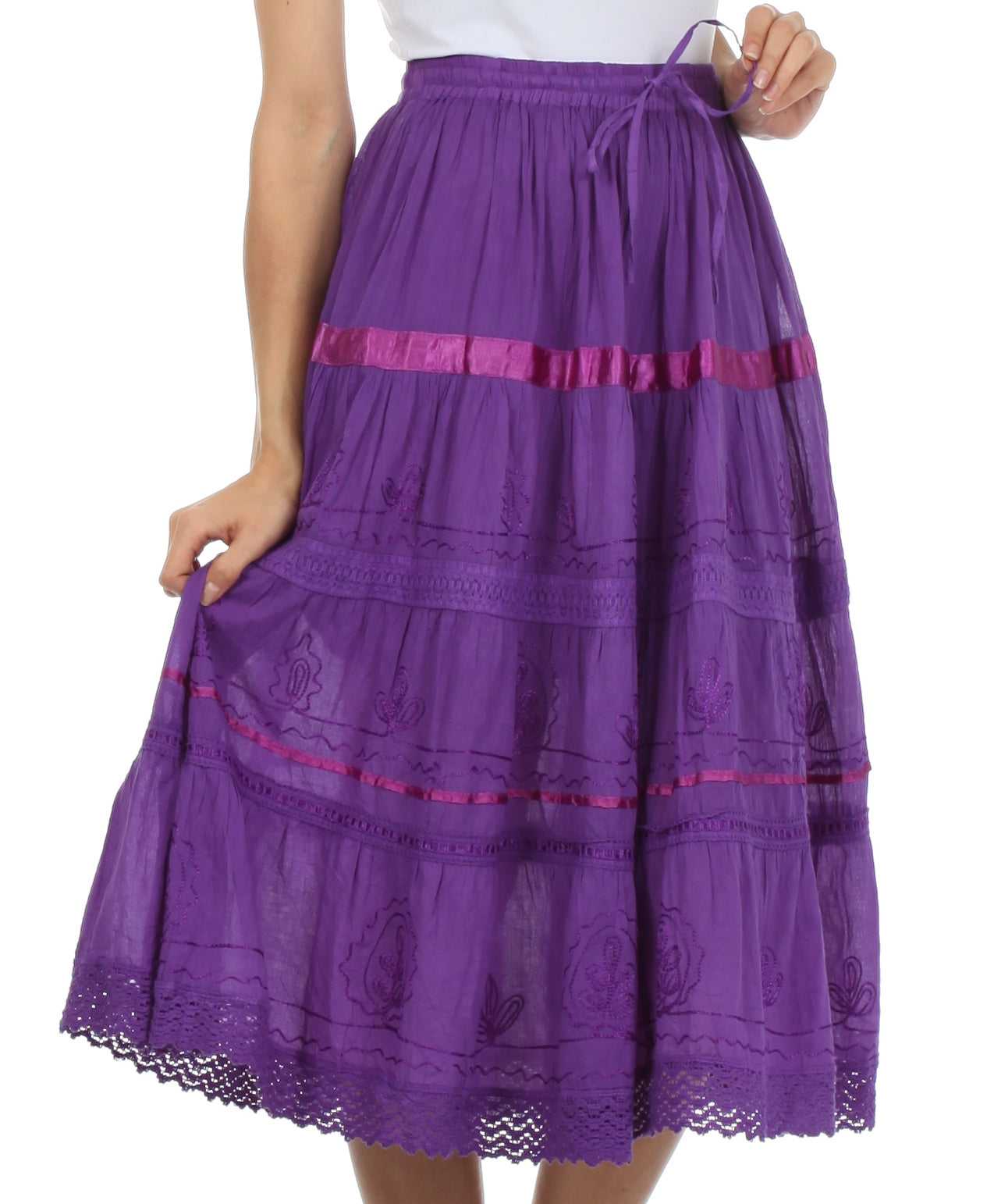 Sakkas Solid Embroidered Gypsy / Bohemian Mid Length Cotton Skirt - Concordia Style Boutique