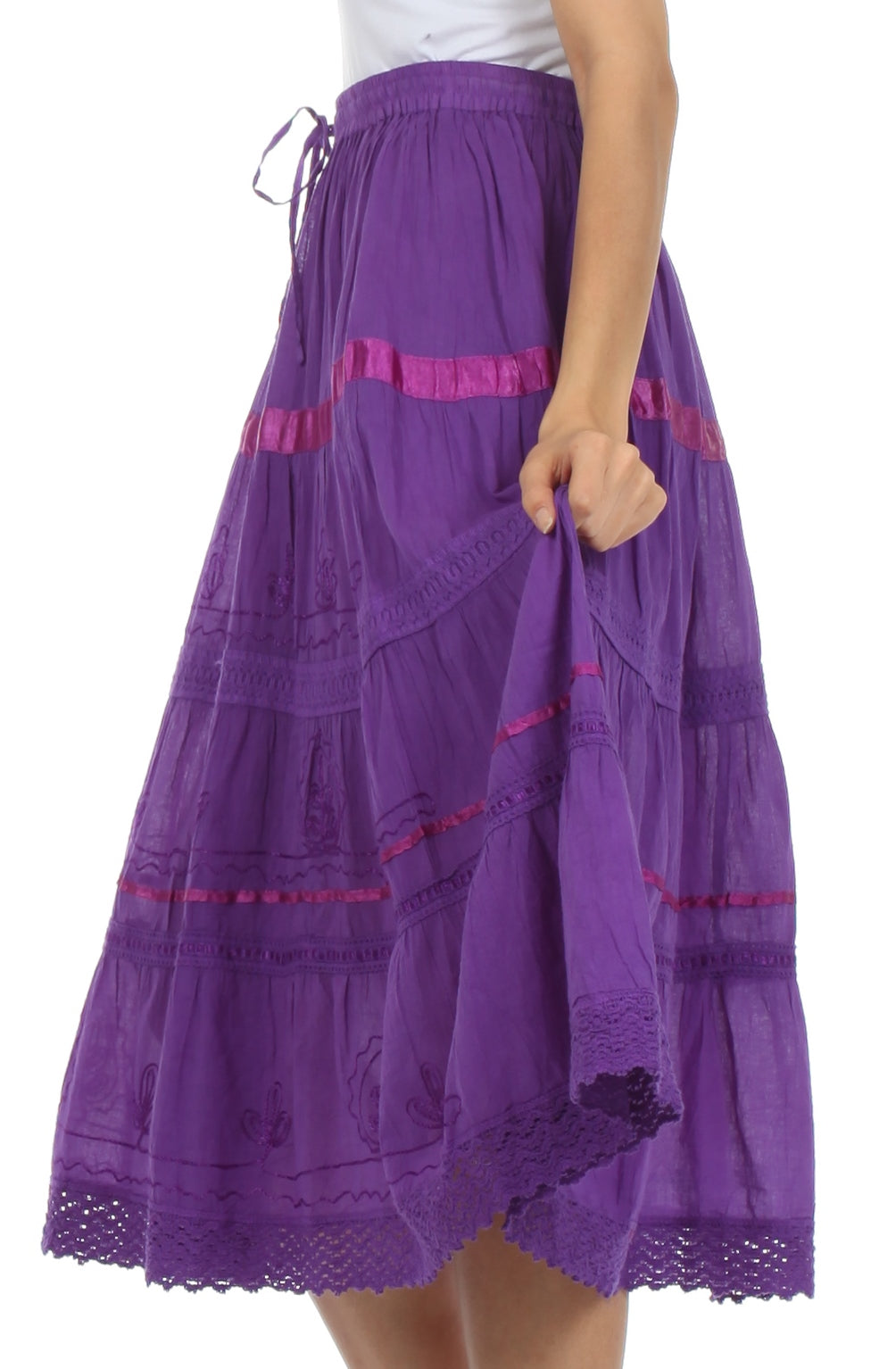 Sakkas Solid Embroidered Gypsy / Bohemian Mid Length Cotton Skirt - Concordia Style Boutique