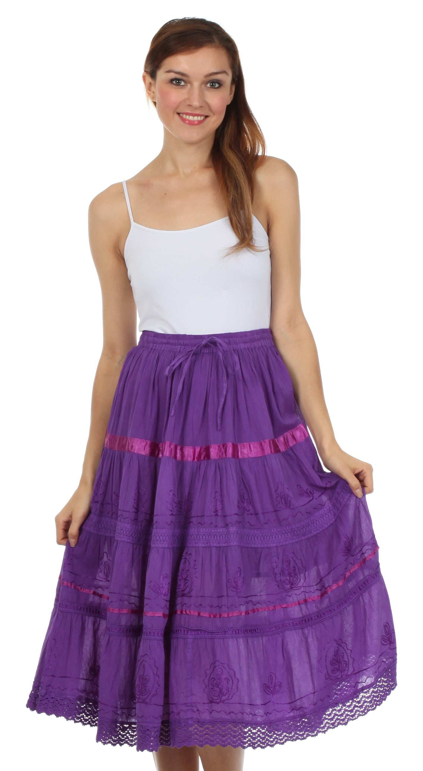 Sakkas Solid Embroidered Gypsy / Bohemian Mid Length Cotton Skirt - Concordia Style Boutique