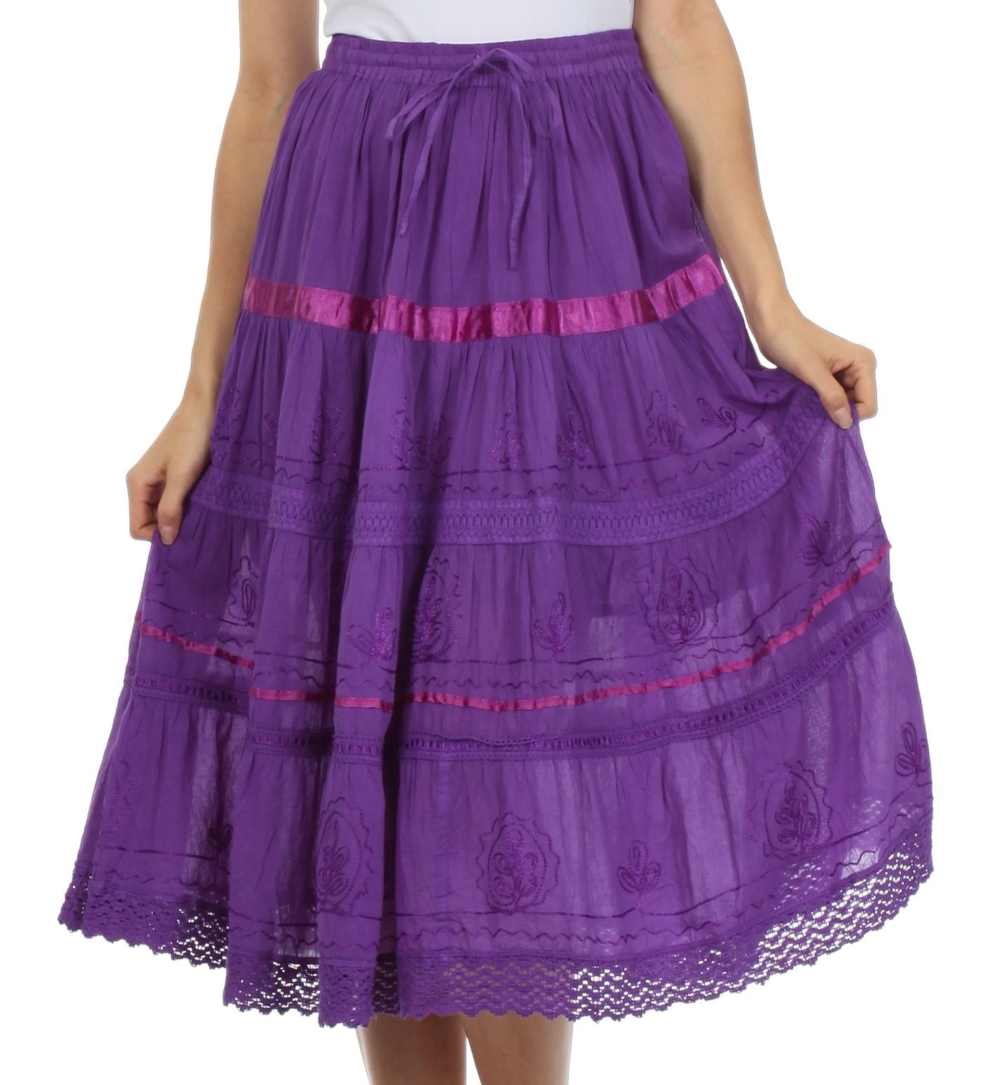 Sakkas Solid Embroidered Gypsy / Bohemian Mid Length Cotton Skirt - Concordia Style Boutique