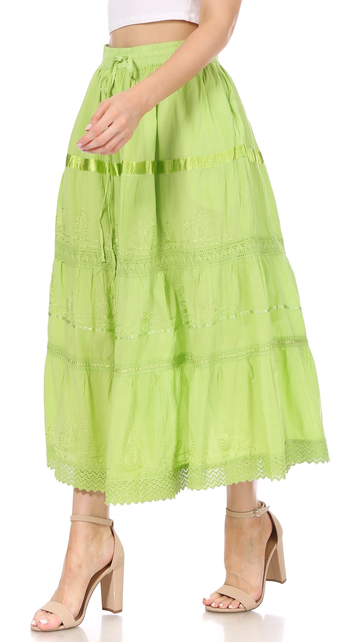 Sakkas Solid Embroidered Gypsy / Bohemian Mid Length Cotton Skirt - Concordia Style Boutique