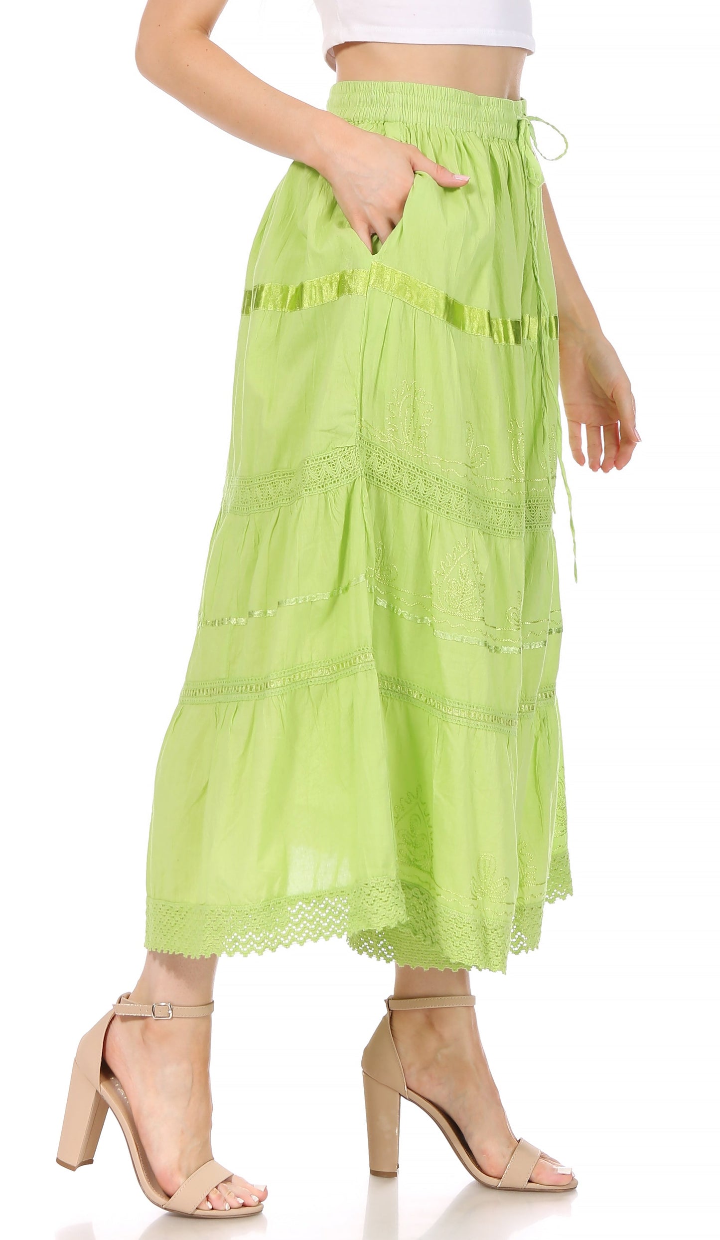 Sakkas Solid Embroidered Gypsy / Bohemian Mid Length Cotton Skirt - Concordia Style Boutique