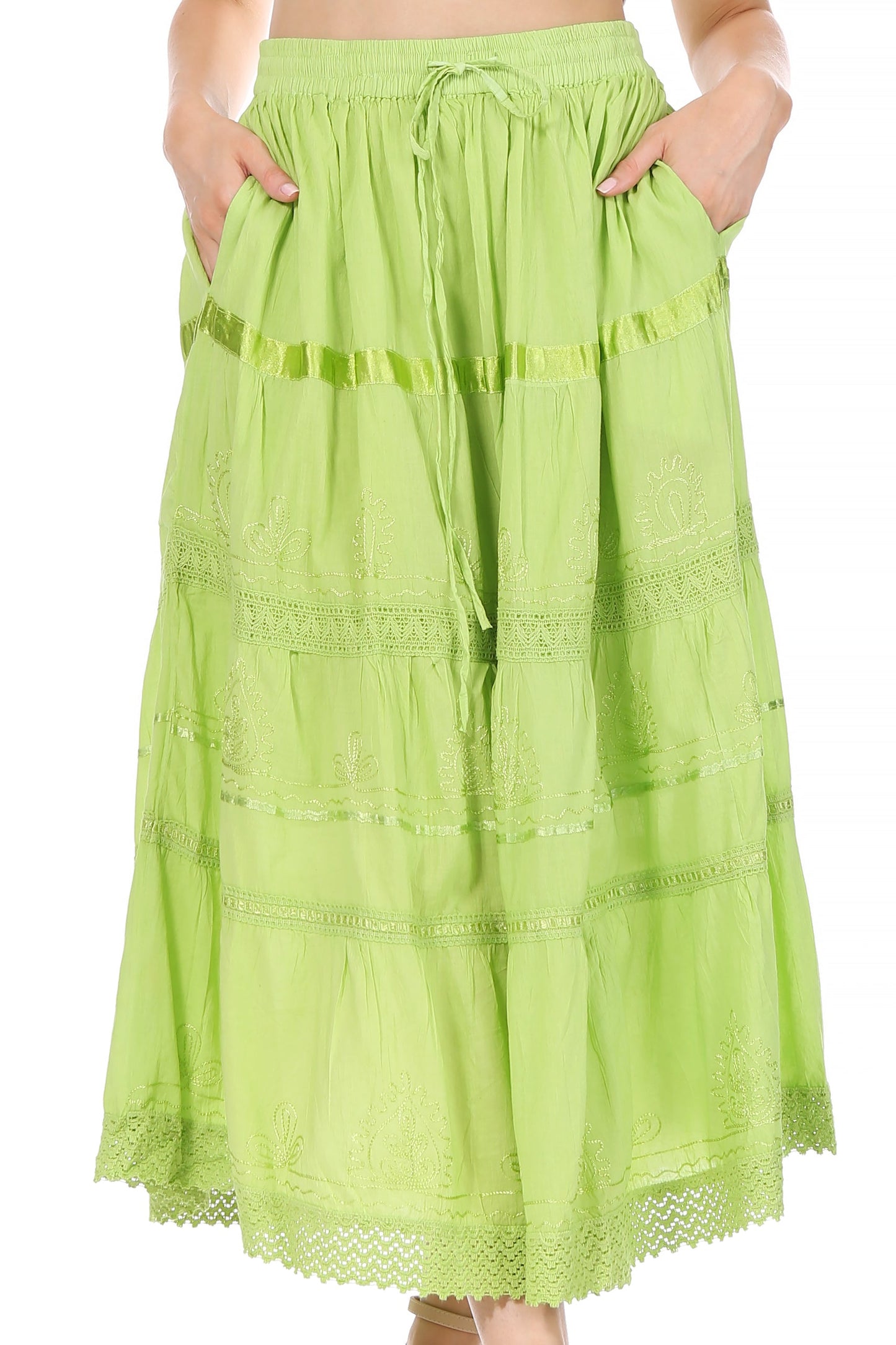 Sakkas Solid Embroidered Gypsy / Bohemian Mid Length Cotton Skirt - Concordia Style Boutique