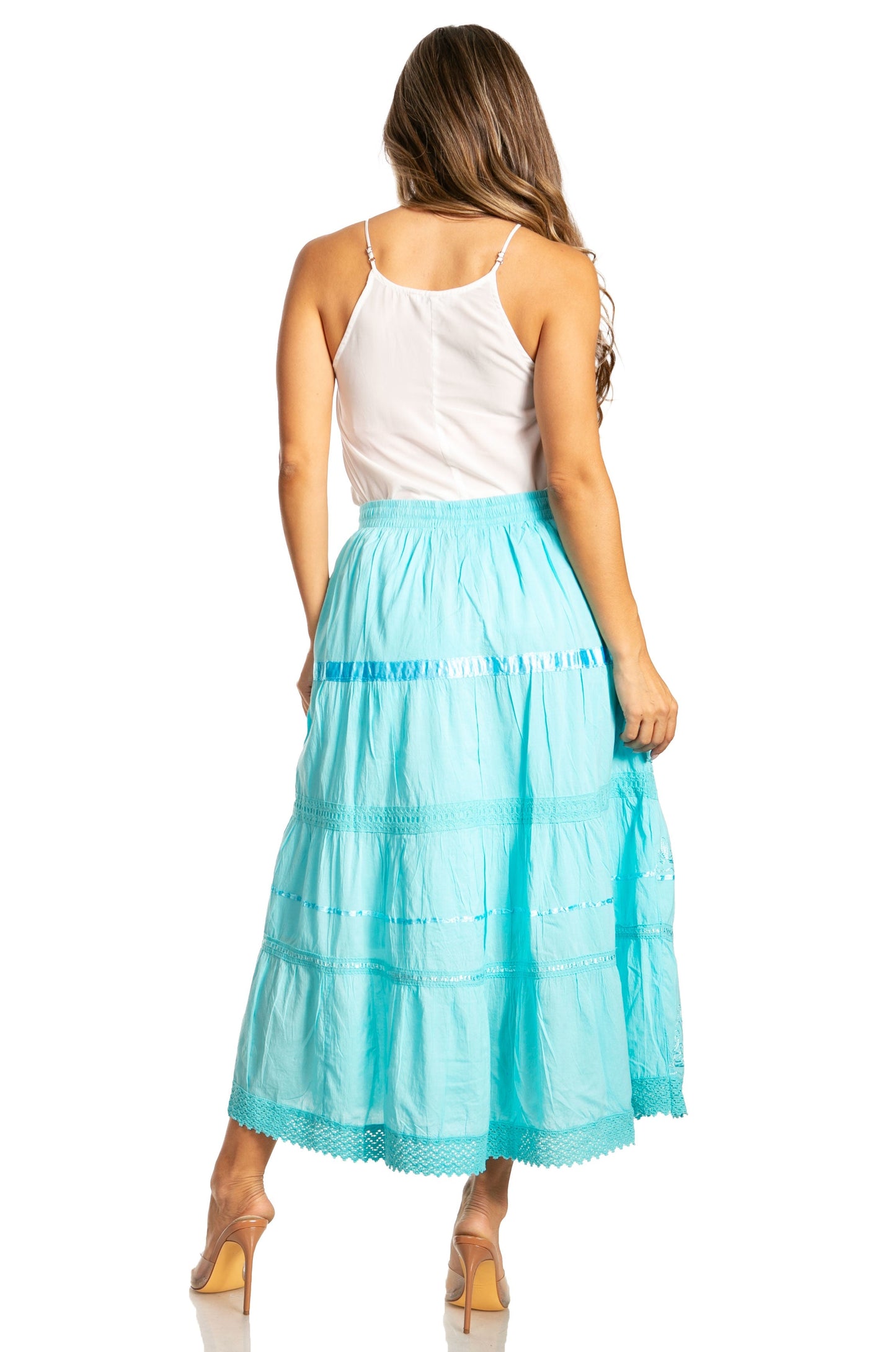 Sakkas Solid Embroidered Gypsy / Bohemian Mid Length Cotton Skirt - Concordia Style Boutique