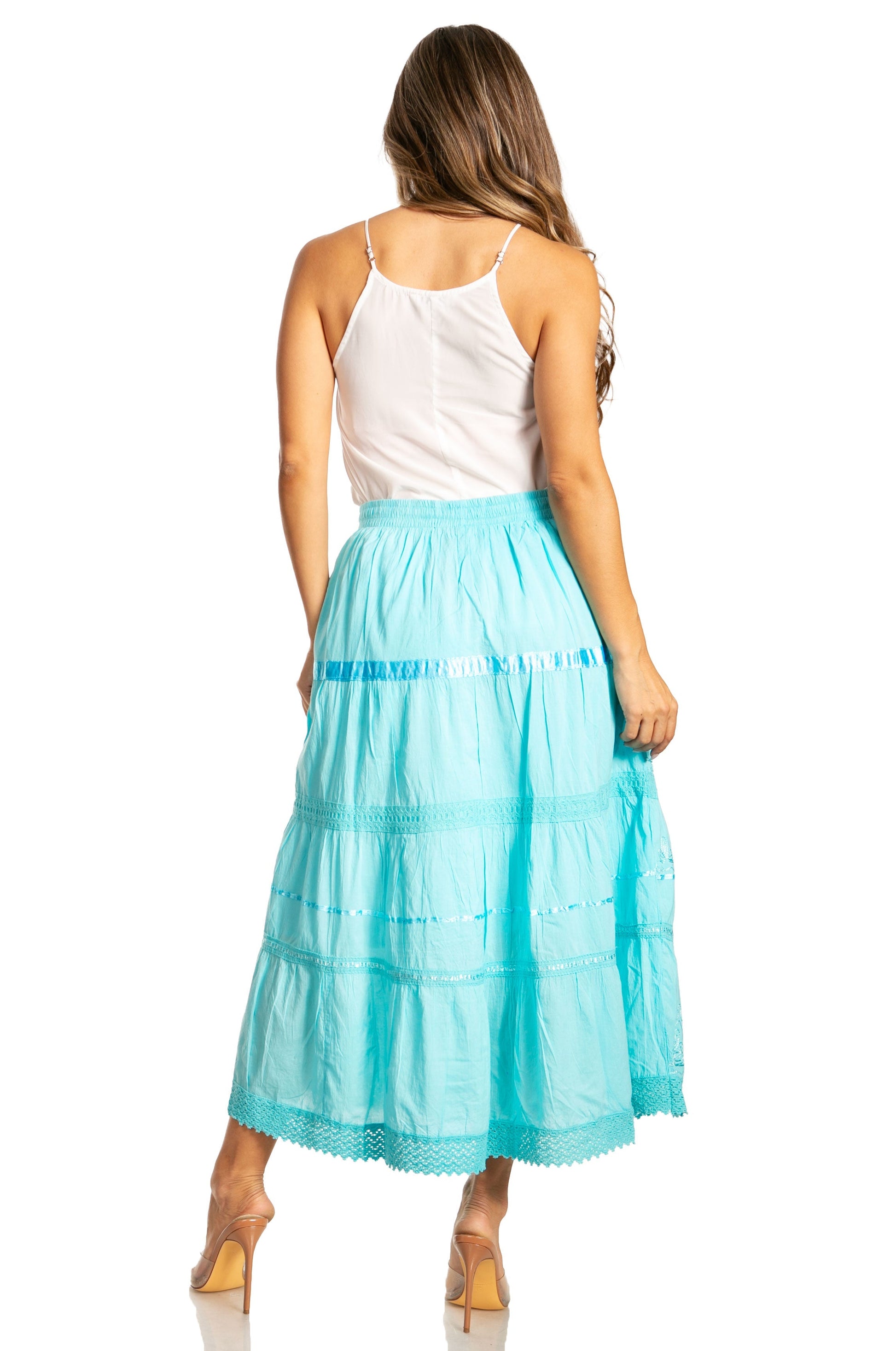 Sakkas Solid Embroidered Gypsy / Bohemian Mid Length Cotton Skirt - Concordia Style Boutique