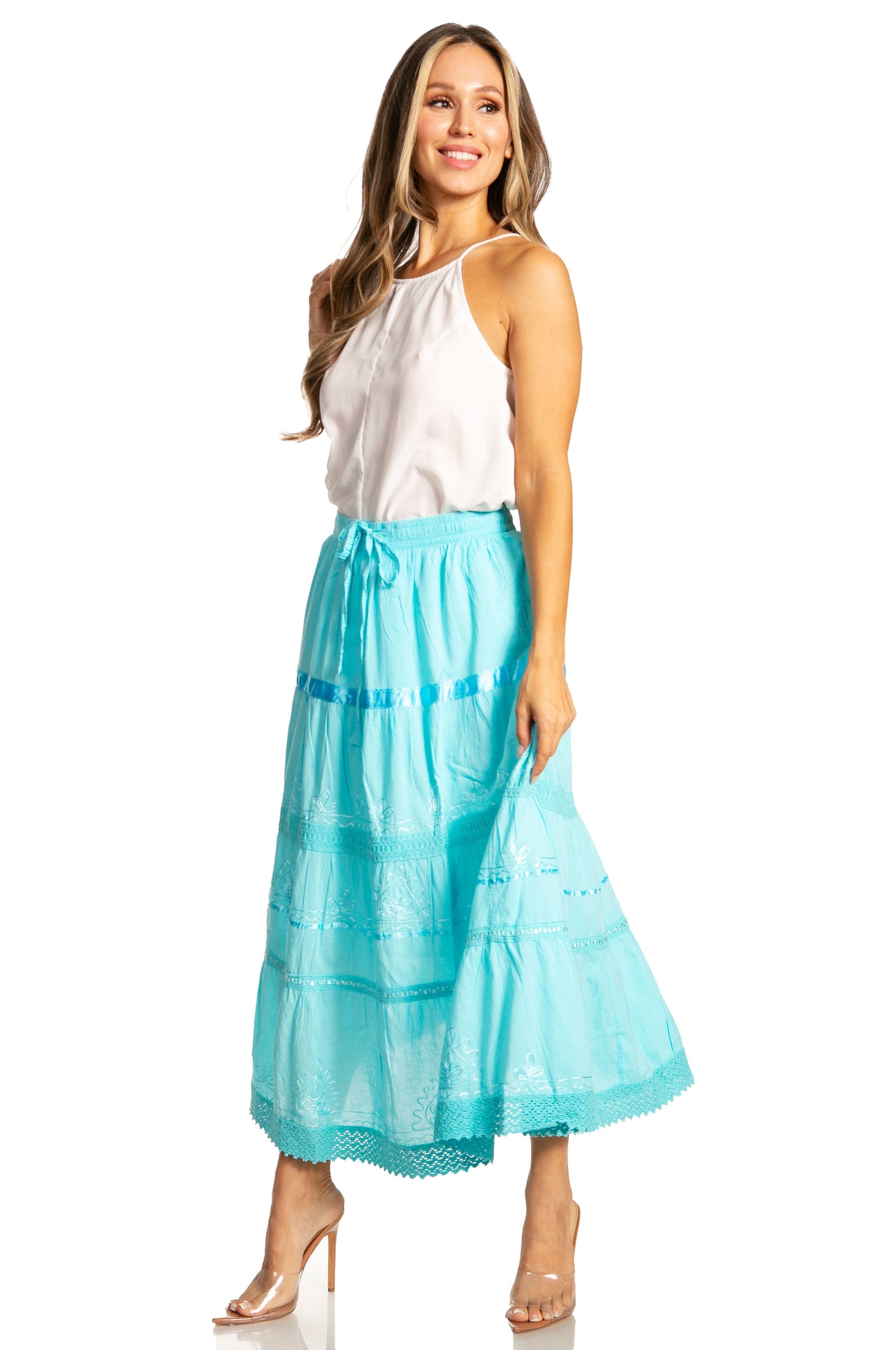 Sakkas Solid Embroidered Gypsy / Bohemian Mid Length Cotton Skirt - Concordia Style Boutique