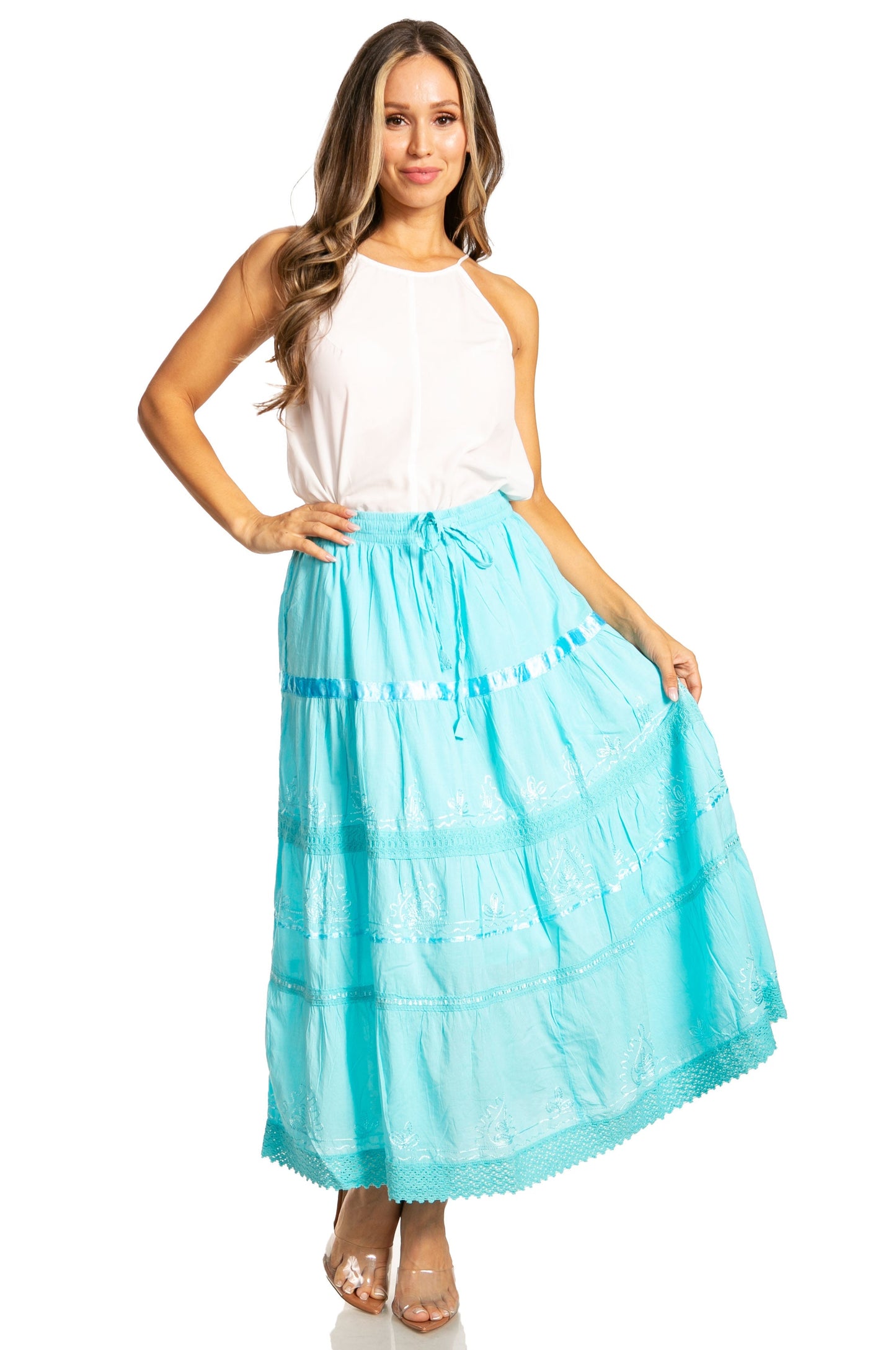 Sakkas Solid Embroidered Gypsy / Bohemian Mid Length Cotton Skirt - Concordia Style Boutique