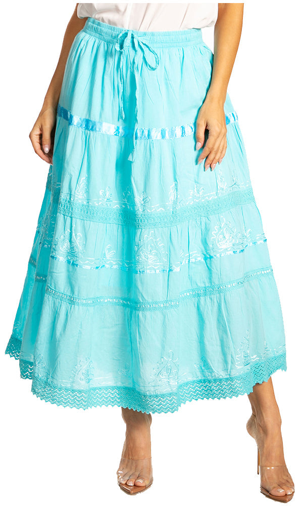 Sakkas Solid Embroidered Gypsy / Bohemian Mid Length Cotton Skirt - Concordia Style Boutique