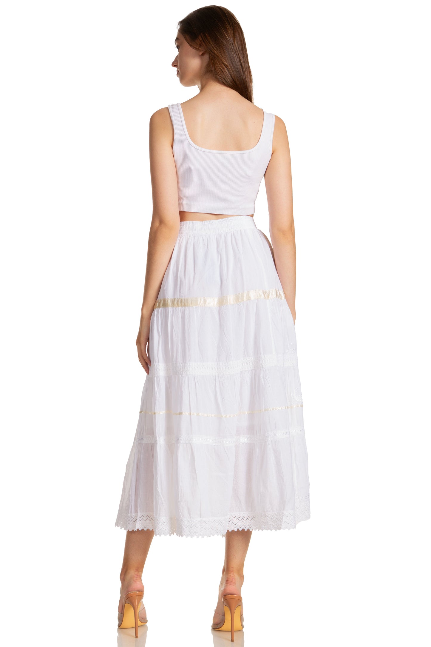 Sakkas Solid Embroidered Gypsy / Bohemian Mid Length Cotton Skirt - Concordia Style Boutique