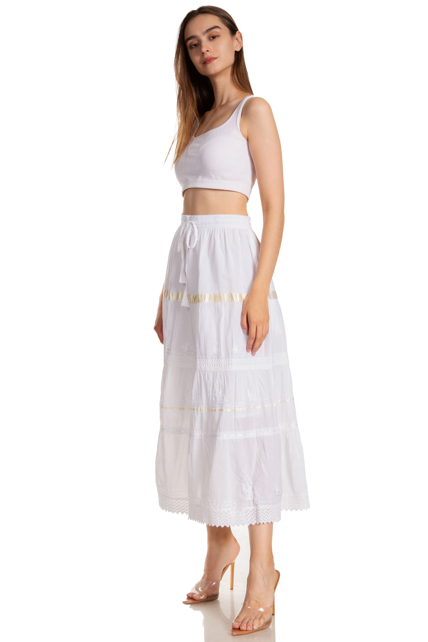 Sakkas Solid Embroidered Gypsy / Bohemian Mid Length Cotton Skirt - Concordia Style Boutique