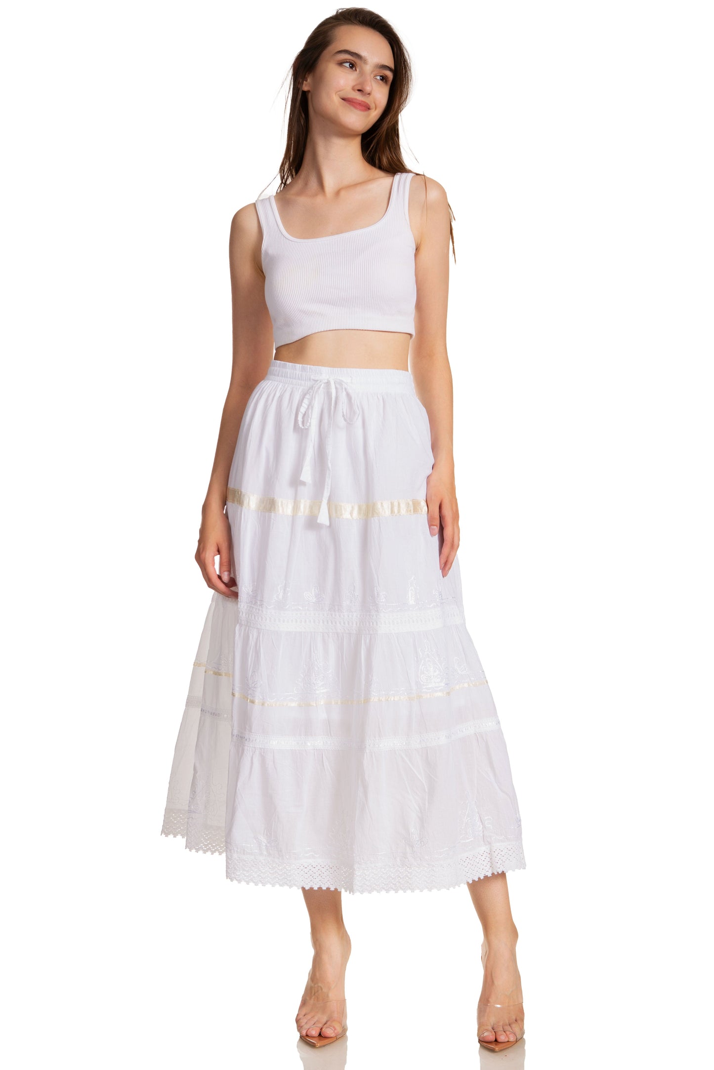 Sakkas Solid Embroidered Gypsy / Bohemian Mid Length Cotton Skirt - Concordia Style Boutique