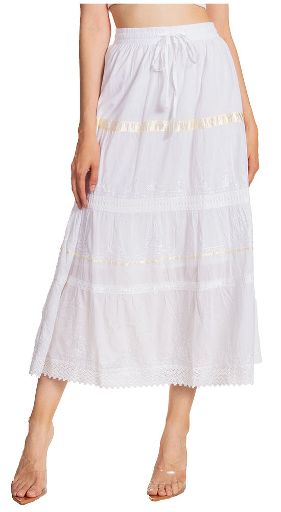Sakkas Solid Embroidered Gypsy / Bohemian Mid Length Cotton Skirt - Concordia Style Boutique